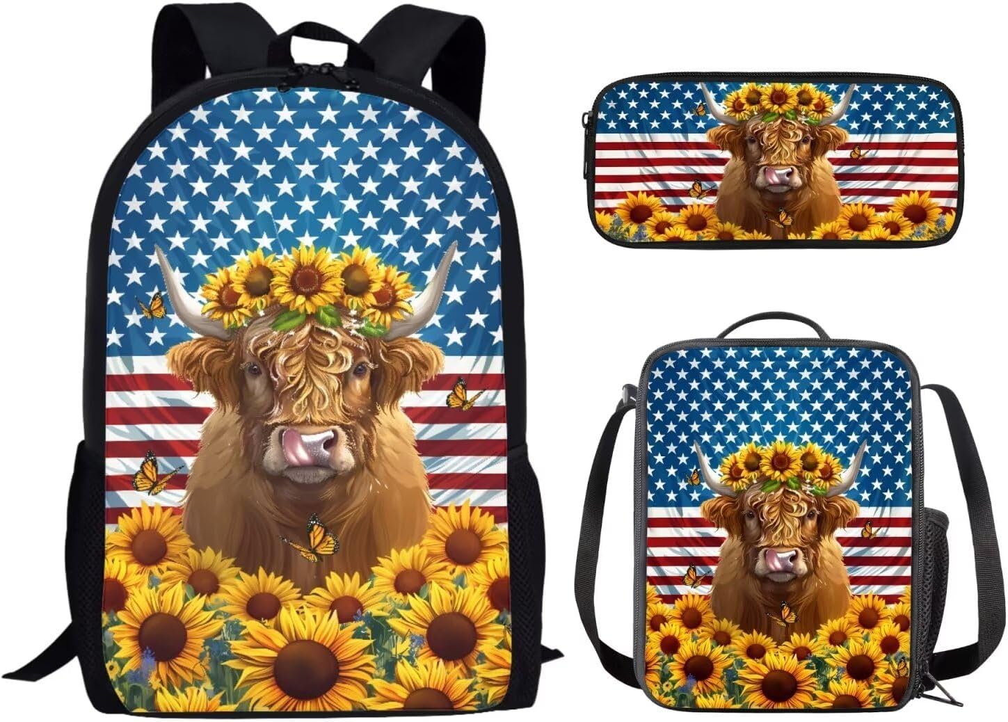 UNICEU Fall Backpack Maple Leaves Cat Print Kids Girls School Bookbag Thermal Lunch Tote Bag Pencil Case 3 in 1