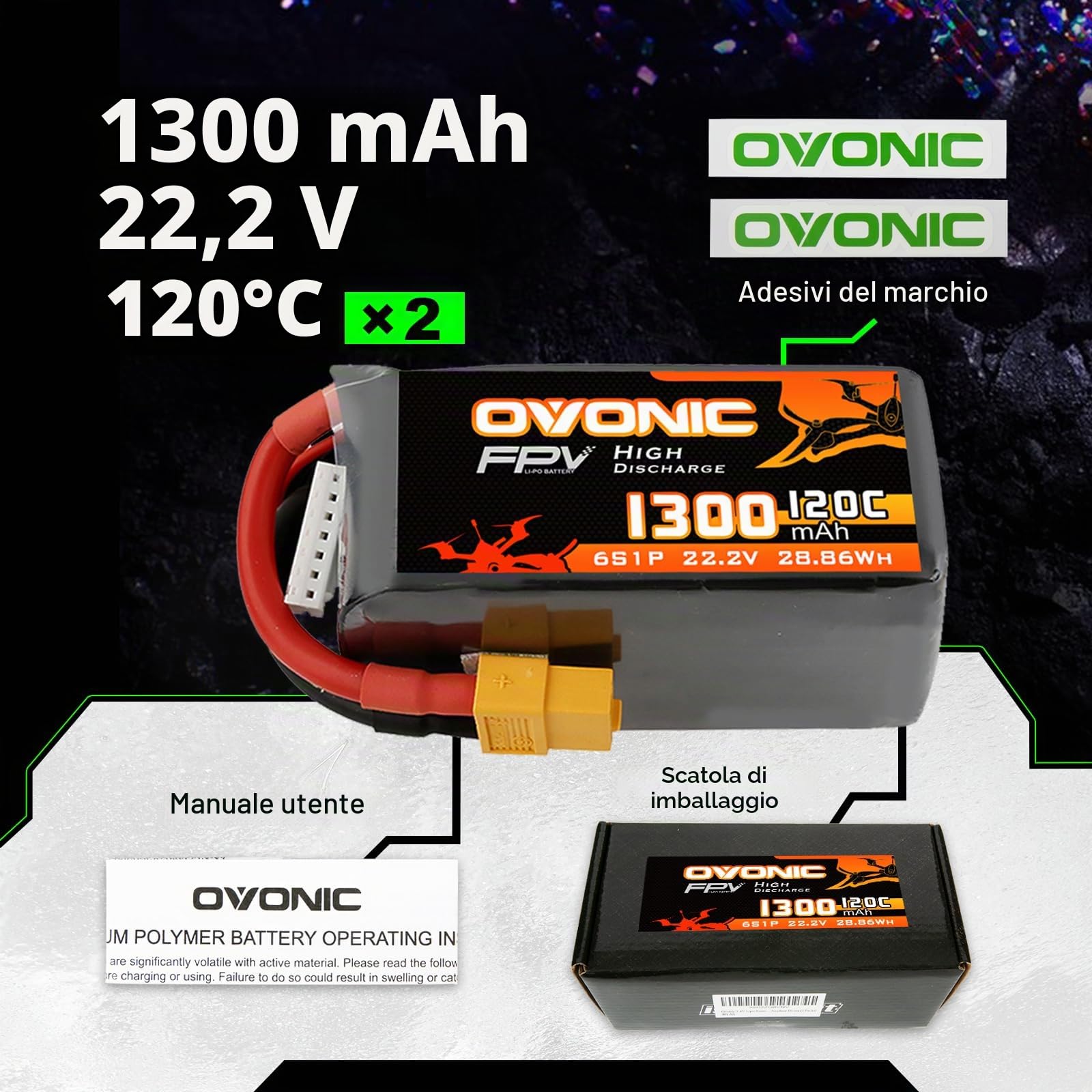 OVONIC Batteria Lipo da 6s, 1300 mAh, 22,2 V, 120 C, con spina XT60, per elicottero RC FPV, aereo, quadricottero, hobby racing (2 pezzi)