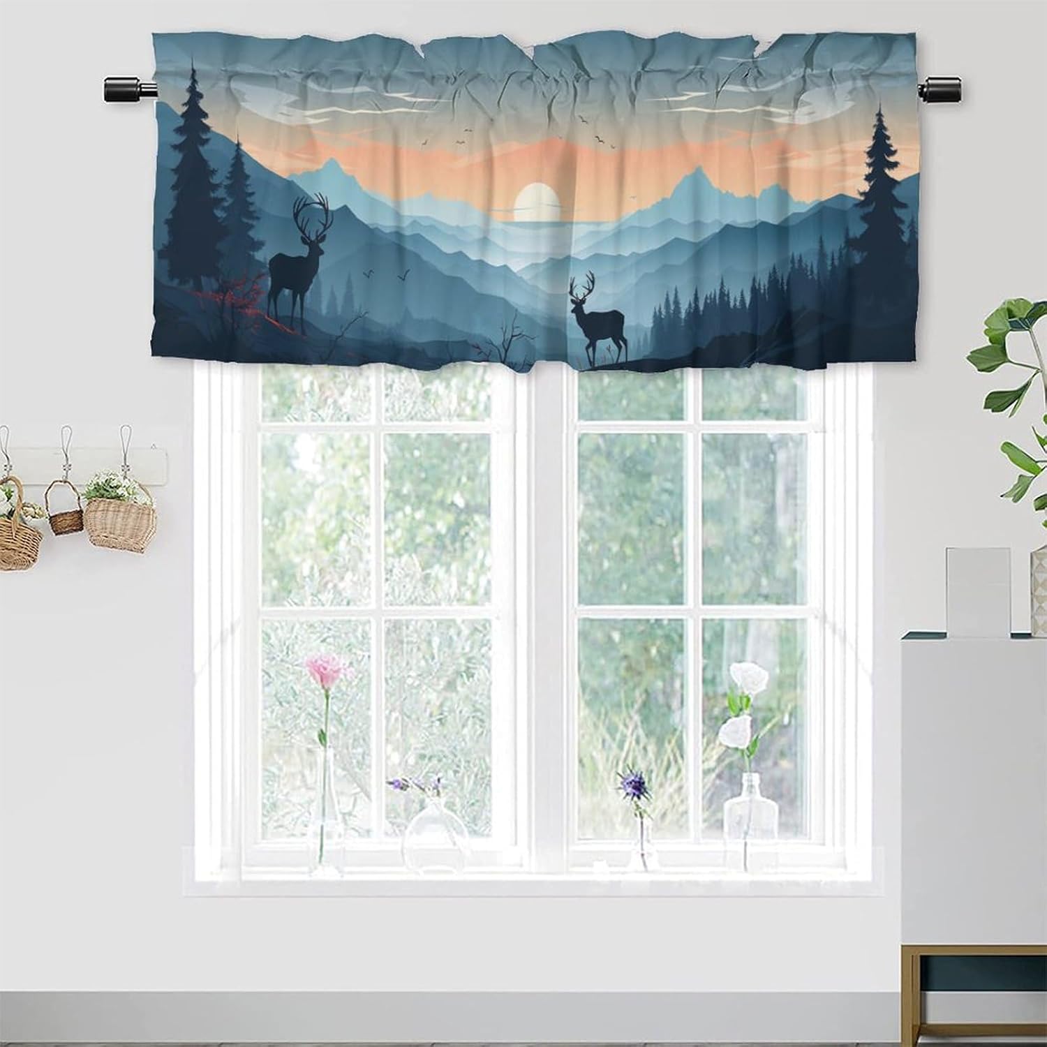 Deer Kitchen Valance Curtains Misty Forest Rustic Wildlife Moose Mountain Rod Pocket Valances for Bedroom Living Room Dining Room 54 by 18 in, 2 Panel