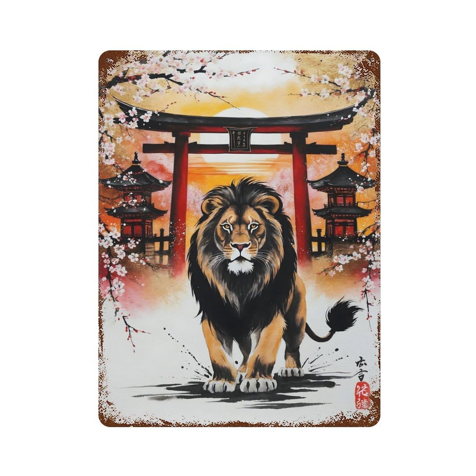 Distressed Metal Wall Sign with Lion Japan Painting Design 15.7"x11.8", for Farmhouse, Kitchen And Entryway Decor, Old School Wall Decor
