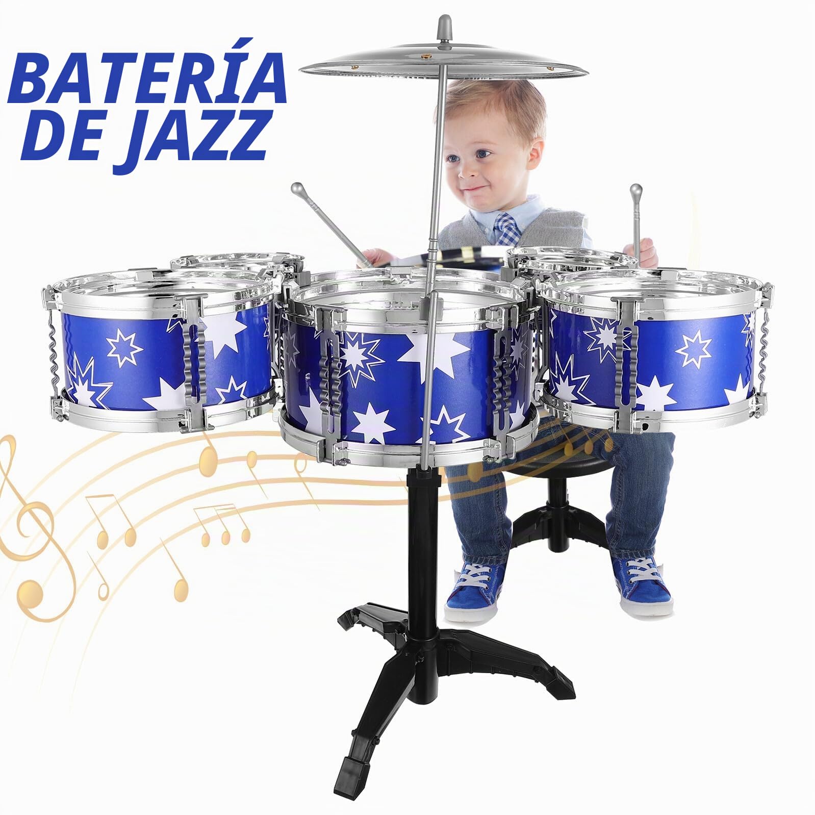 Batería de Juguete Infantil de 21 Pulgadas 5 Tambores | Plástico, Incluye Taburete, Platillo y Baquetas, para Niños Pequeños de 1 a 3 Años