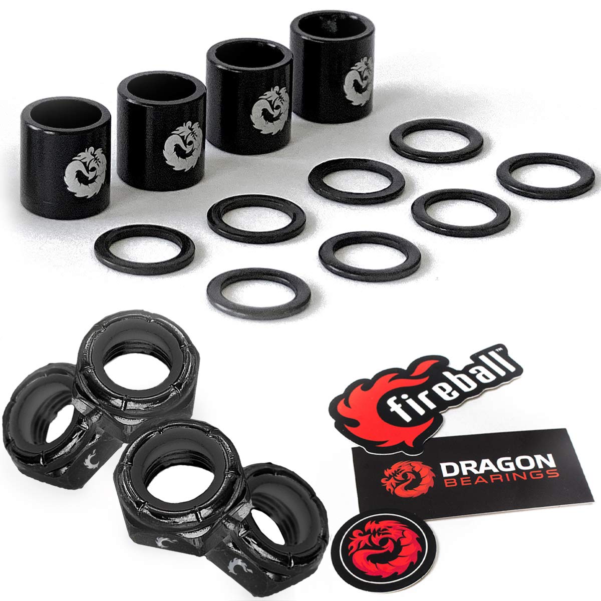 Fireball Dragon Spacer, Washer, and Axle Nut (Speed Kit) for Skateboard, Longboard & Cruiser - Spacers, Speed Rings + Axle Nut Set for Bearing Performance
