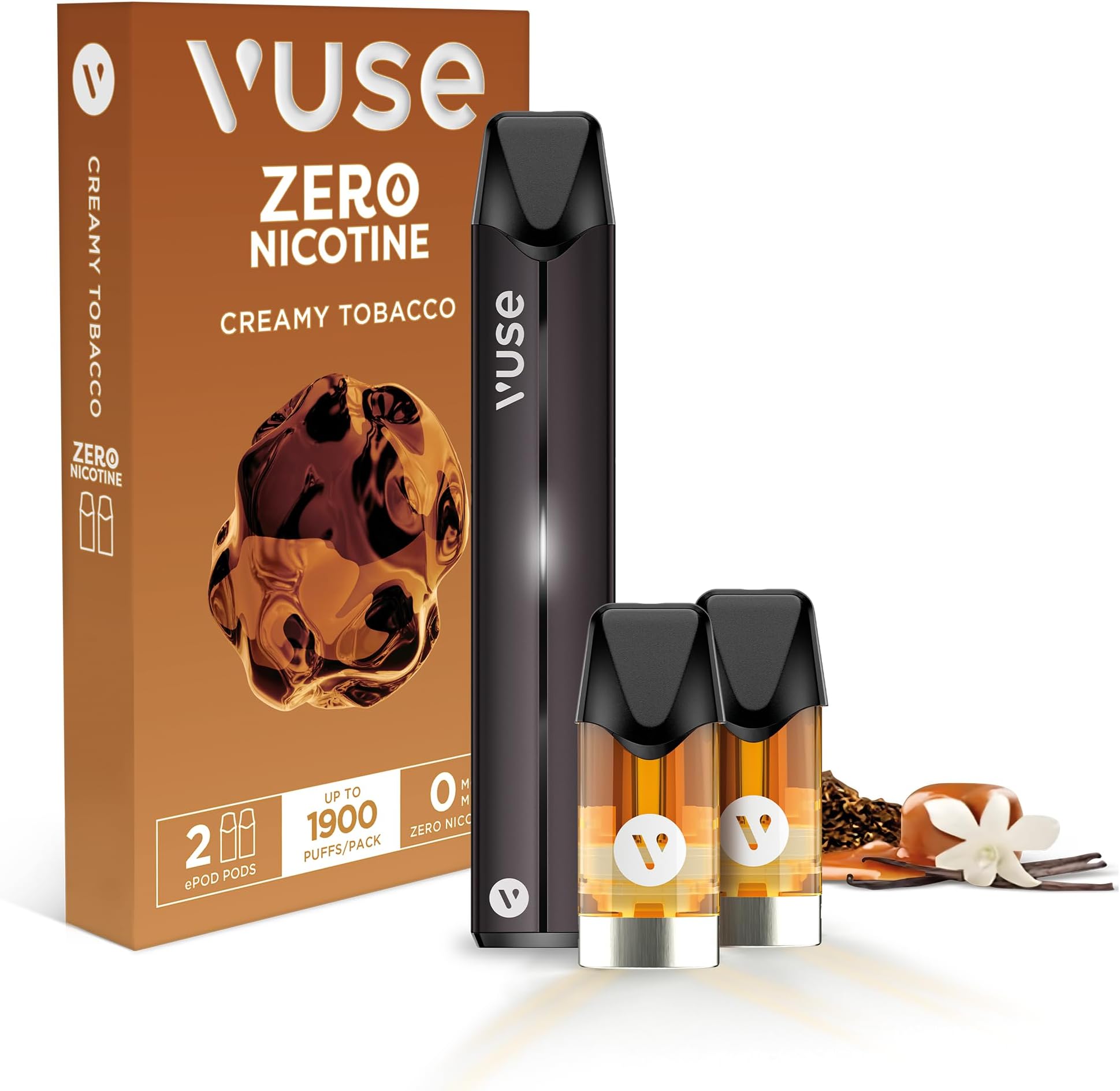 Vuse Pro Vape Kit, Slim Design, Fast Charging, Splash-Resistant, reusable vape, rechargeable vape, refillable vape, with Creamy Tobacco 0mg vape pods x2, no nicotine, no tobacco, Black
