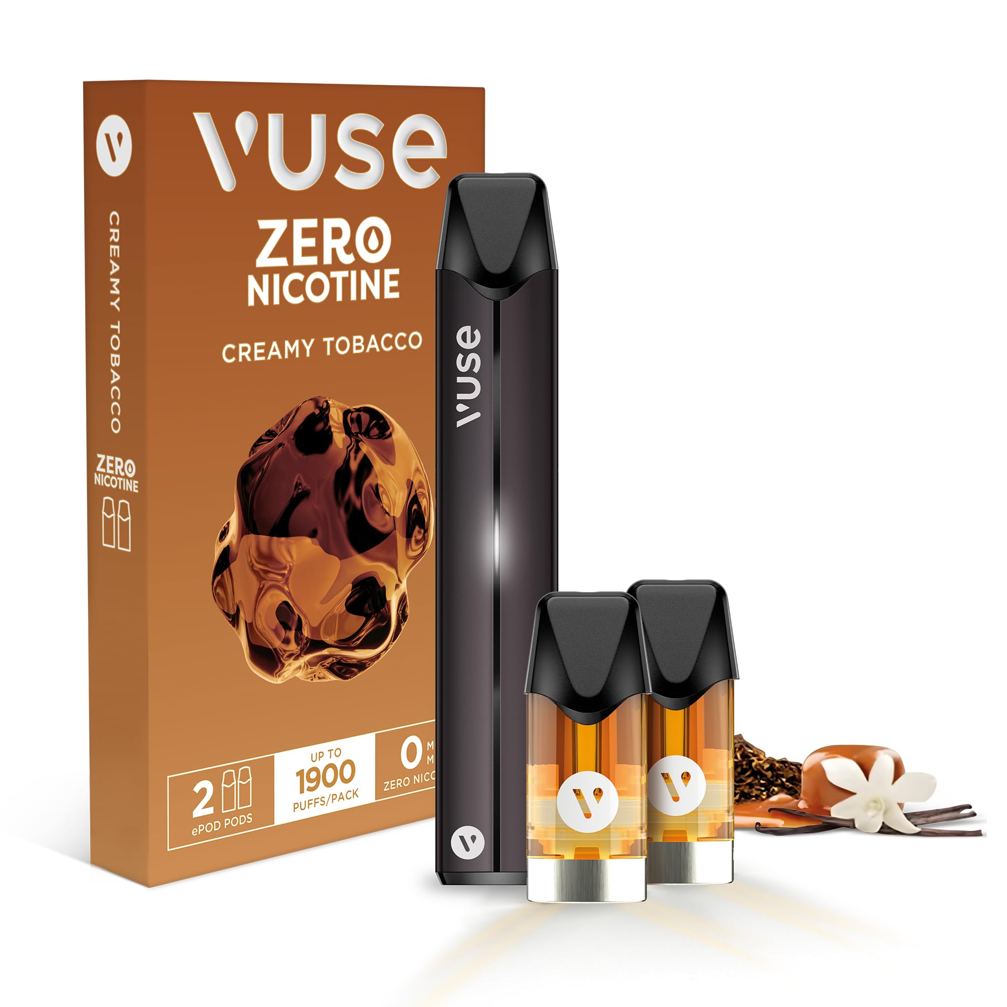 Vuse Pro Vape Kit, Slim Design, Fast Charging, Splash-Resistant, reusable vape, rechargeable vape, refillable vape, with Creamy Tobacco 0mg vape pods x2, no nicotine, no tobacco, Black