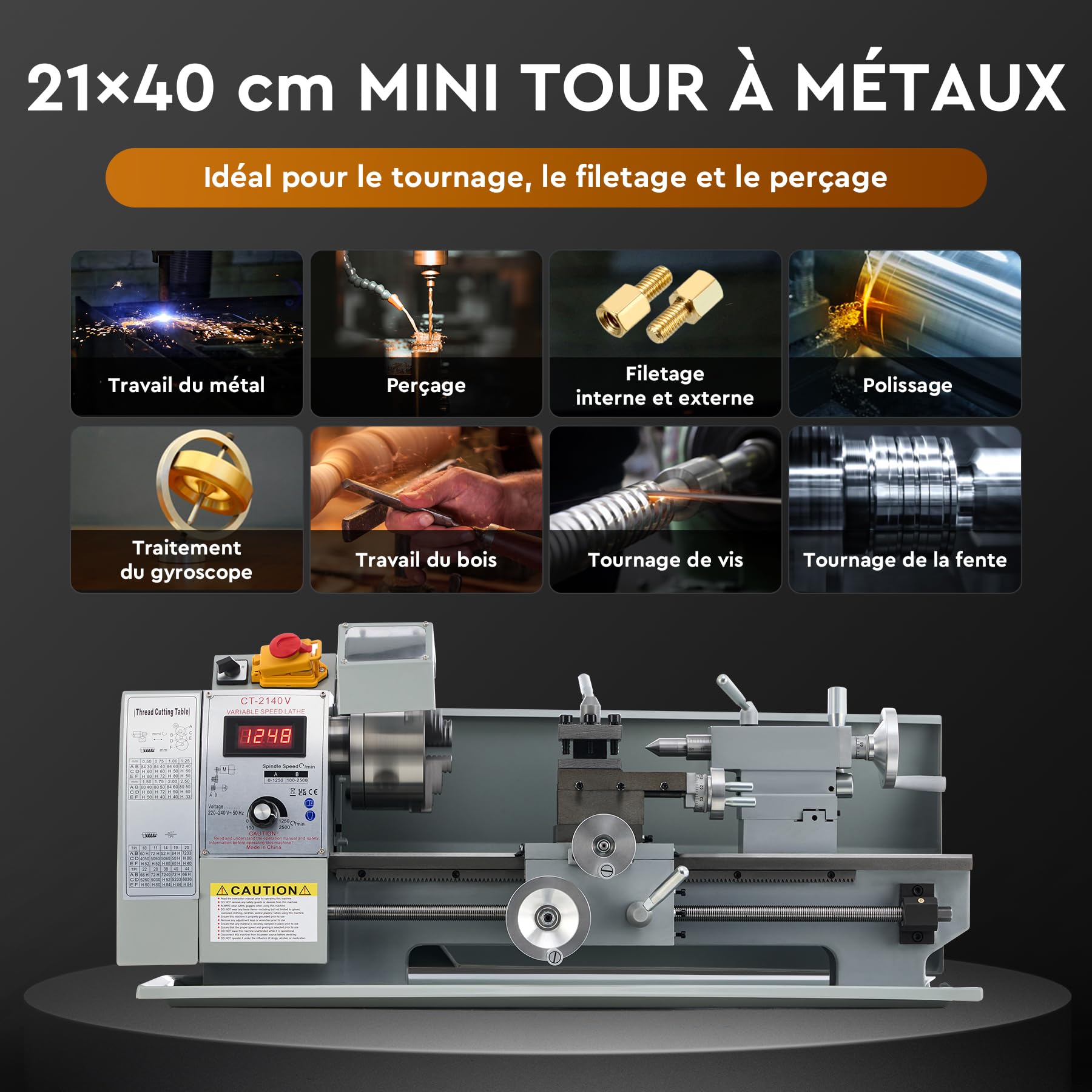 CREWORKS 750W Mini Tour à Métaux d'Établie 210x400mm 8"x16" Haute Précision avec Mandrin à 3 Mâchoires et Vitesse de Broche Max. 2500rpm Écran LCD pour Filetage Tournage Perçage