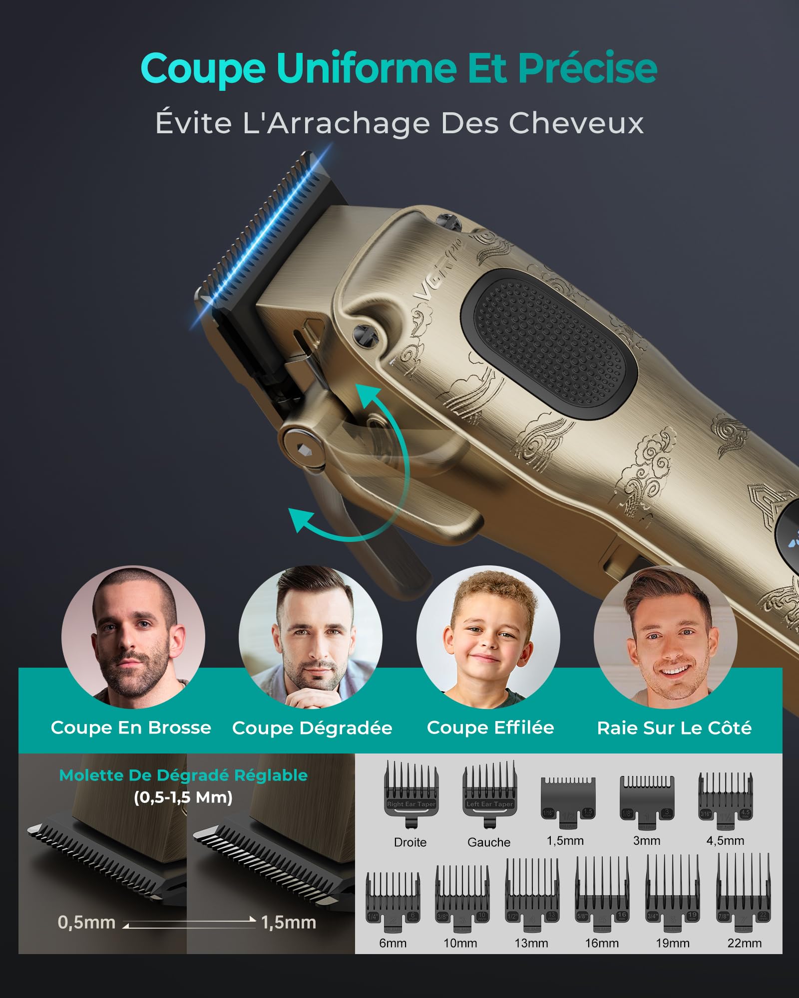 VGRPRO Tondeuse Cheveux Hommes Professionnel, tondeuse homme sans fil avec étui, Électrique kit de coupe pour maison & coiffeur, écran LED, cadeau homme (Gloden)