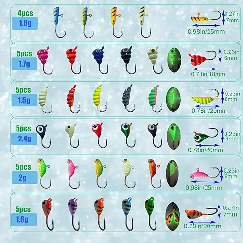 Miniatura 8 de 24 piezas de plantillas de pesca en hielo para panfish Crappie Sunfish Walleye Ice Fishing Jig Box Accesorios Equipo de pesca en hielo Juego de caja