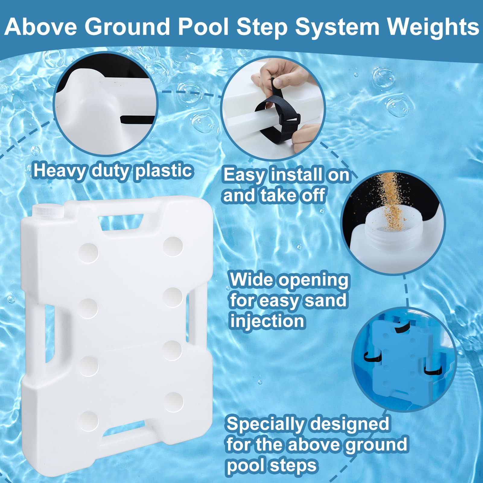 Paquete de 2 pesas de escalera de piscina para piscinas sobre el suelo, pesas de plástico extraíbles para escalones, contenedor de anclaje, bolsa de arena con 8 correas de gancho y bucle que soportan