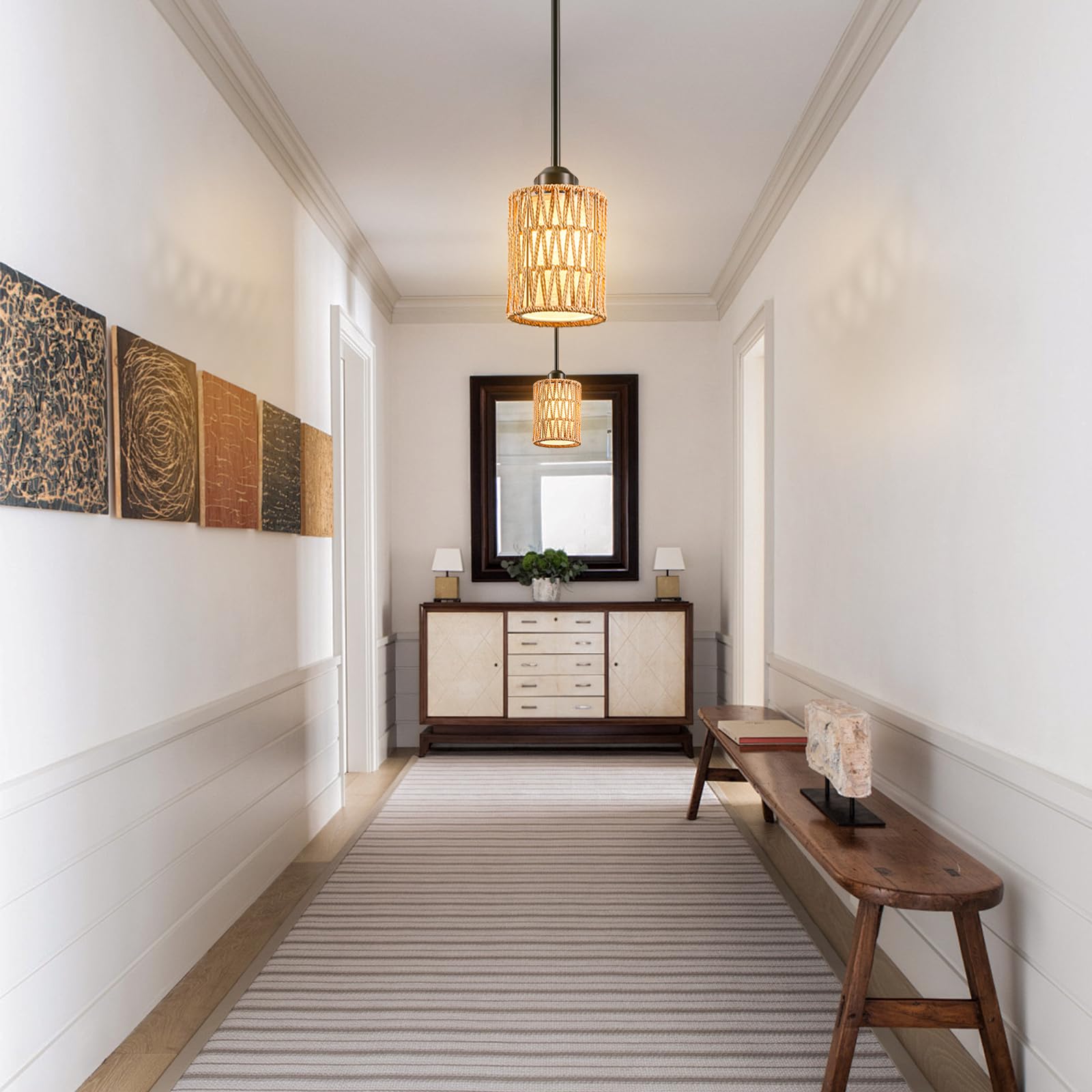 Lámpara colgante bohemia, luces colgantes de ratán con 2 en 1 lino y pantalla tejida, lámparas de techo para isla de cocina, comedor, granja, dormitorio (1 unidad) 6