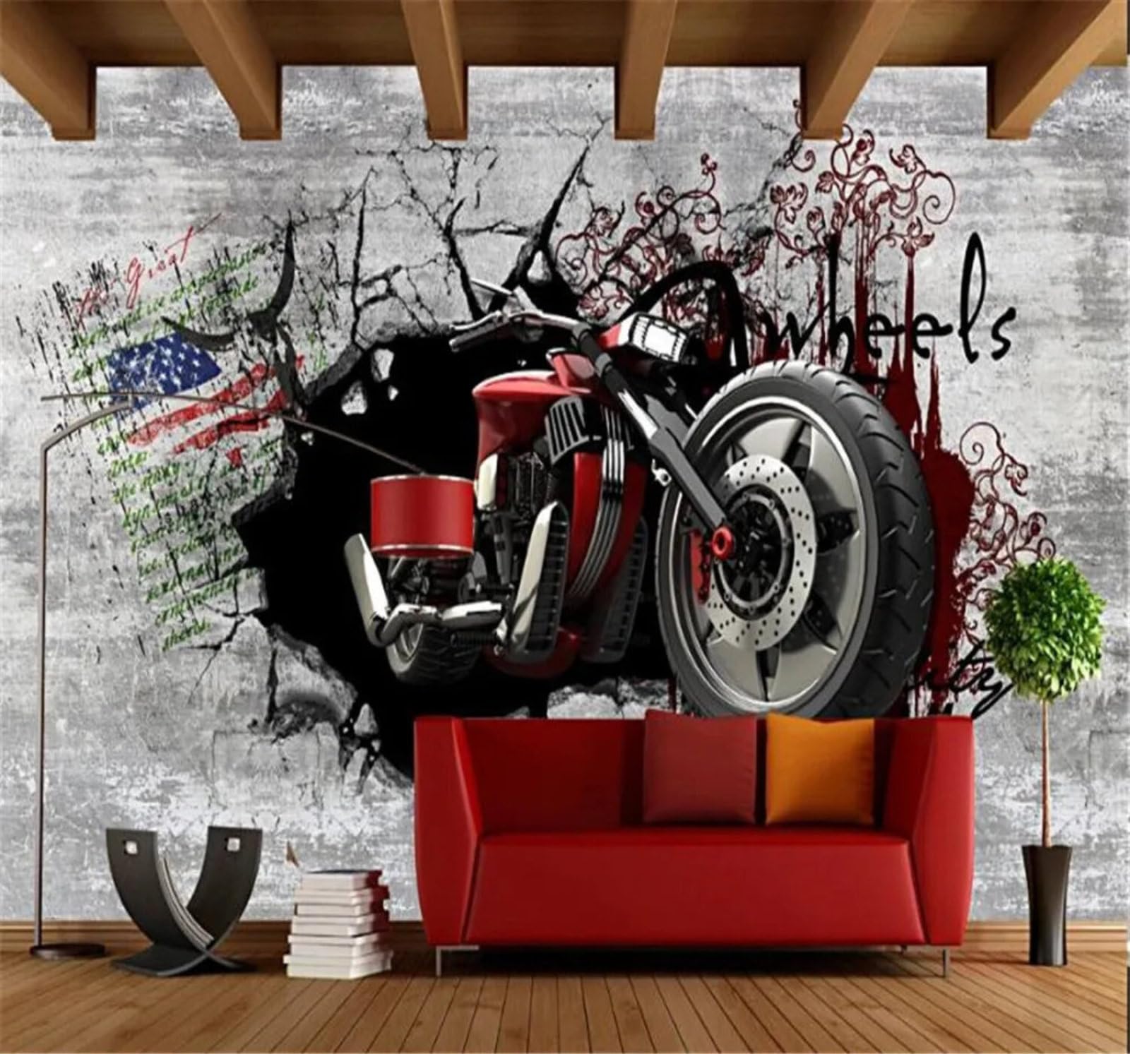 Tzxztt Retro Nostalgic Broken Wall Motorbike Unique Modern 3D Wallpaper Premium Textured Silk Neutral Tones Material Ideal for Living Room Bedroom-250cm×170cm