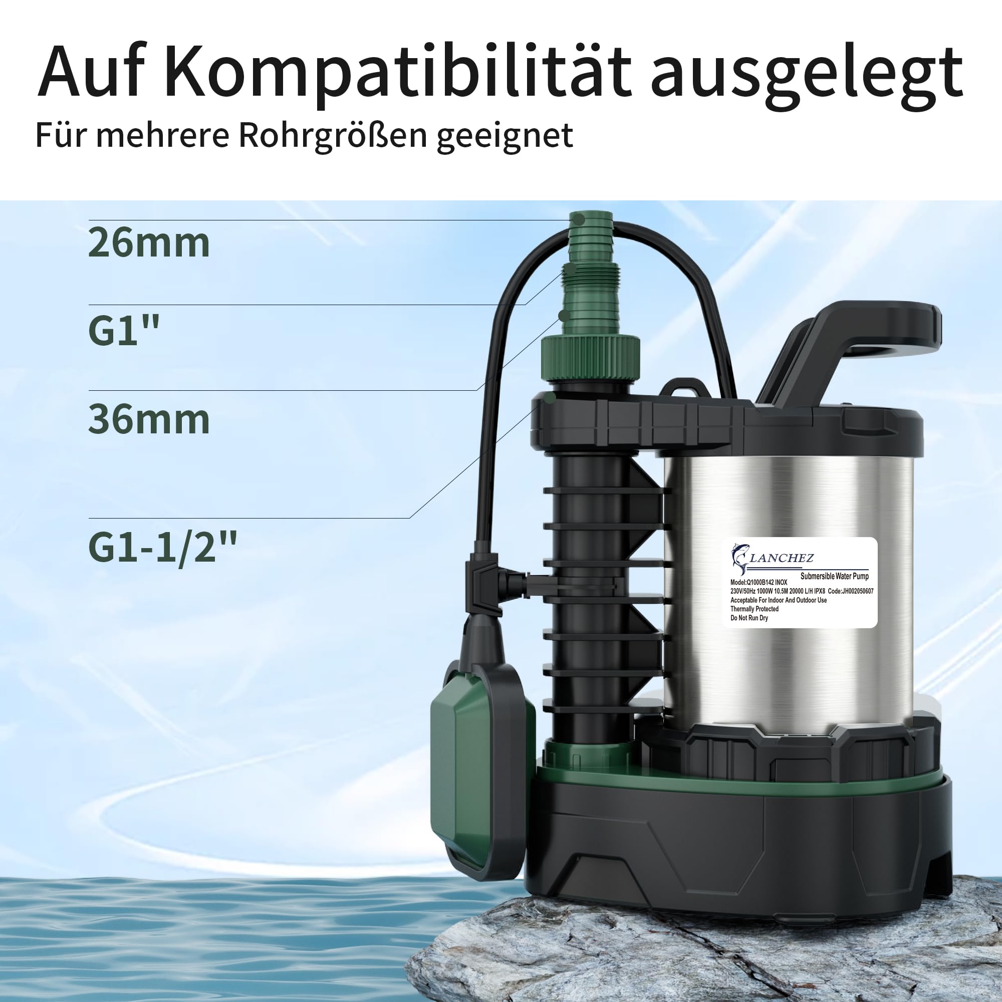 LANCHEZ Pompe submersible 1000 W, débit 20 000 l/h, mode eaux usées / eau propre, hauteur de refoulement 10,5 m, profondeur d'immersion 7 m, acier inoxydable, interrupteur à flotteur réglable