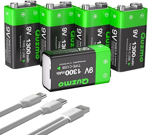 Miniatura 9 de Paquete de 2 baterías recargables de iones de litio de 9 voltios, 1300 mAh de larga duración, recarga USB-C con cable de carga 2 en 1 para alarmas