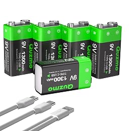 Quzmo 5-Pack Rechargeable 9 Volt Lithium-ion Batteries, 1300mAh Long Lasting Power, USB-C Recharge with 2 in 1 Charging Cable for Smoke Alarms,Multimeters,Microphones,Walkie-Talkie,Toys