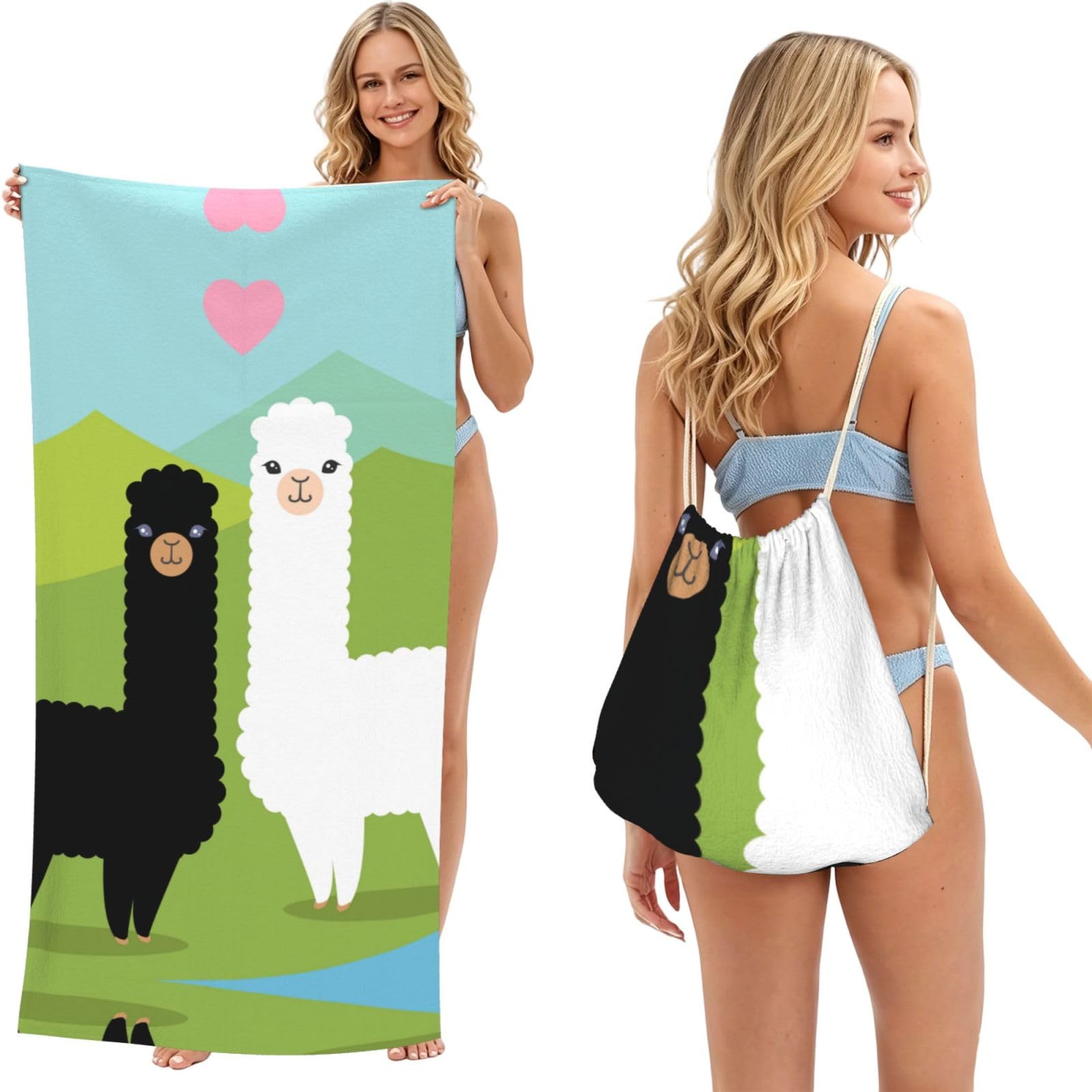 SATUSA Alpaca Print 2-In-1 Foldable Beach Towel Backpack – Camping, Yoga And Travel,Bath Towel With Built-In Storage, Convertible Beach Mat & Carry Bag