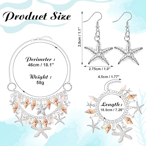 Miniatura 9 de Hillban Juego de 6 piezas de joyas de perlas de imitación de estrella de mar collar de cola de sirena pulseras de concha marina aretes de estrella