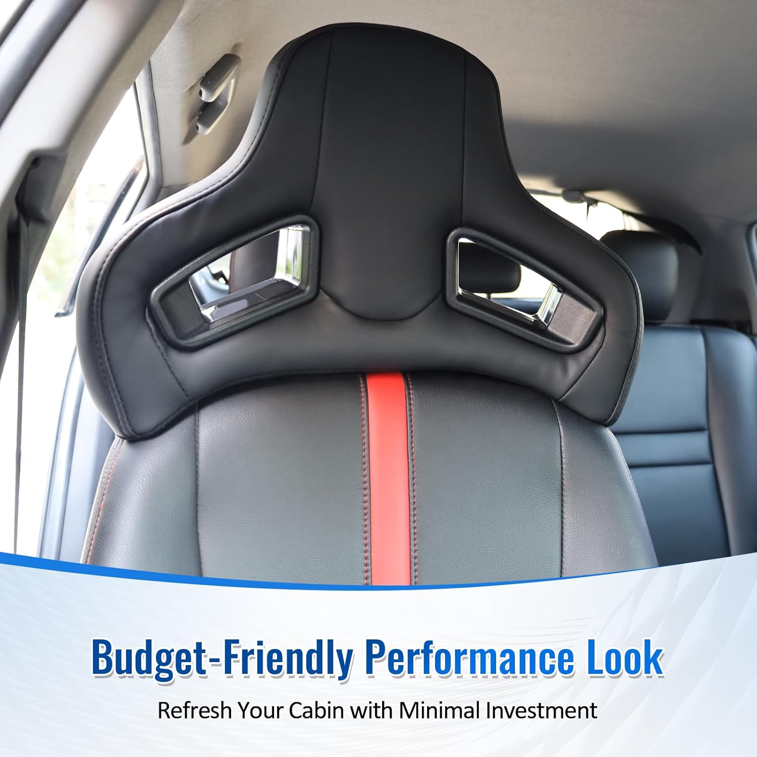 FREEMOTOR802 19.5 x 13.4″ Racing Seat Headrests, Post Diameter 0.39″, Spacing 5.91″, Sport Headrest Inserts Factory Seats Upgrade, 4 Point Harness Compatible, Black PU, 1-Pair