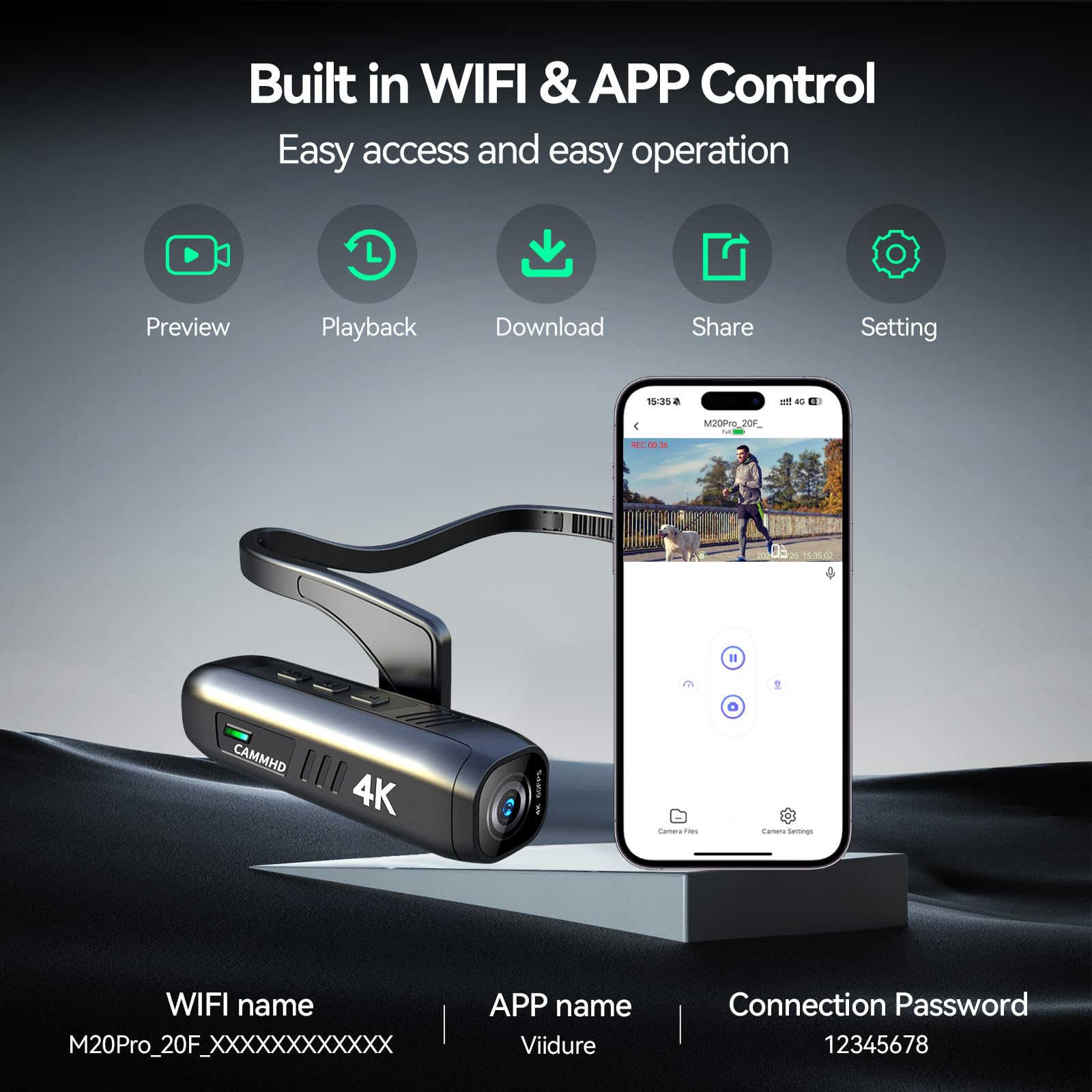 CAMMHD C2 Cámara de Video 4K, Cámara de Vlog para Llevar Puesta con Estabilizador de 6 Ejes, Grabadora con Control por App Wi-Fi (64G)