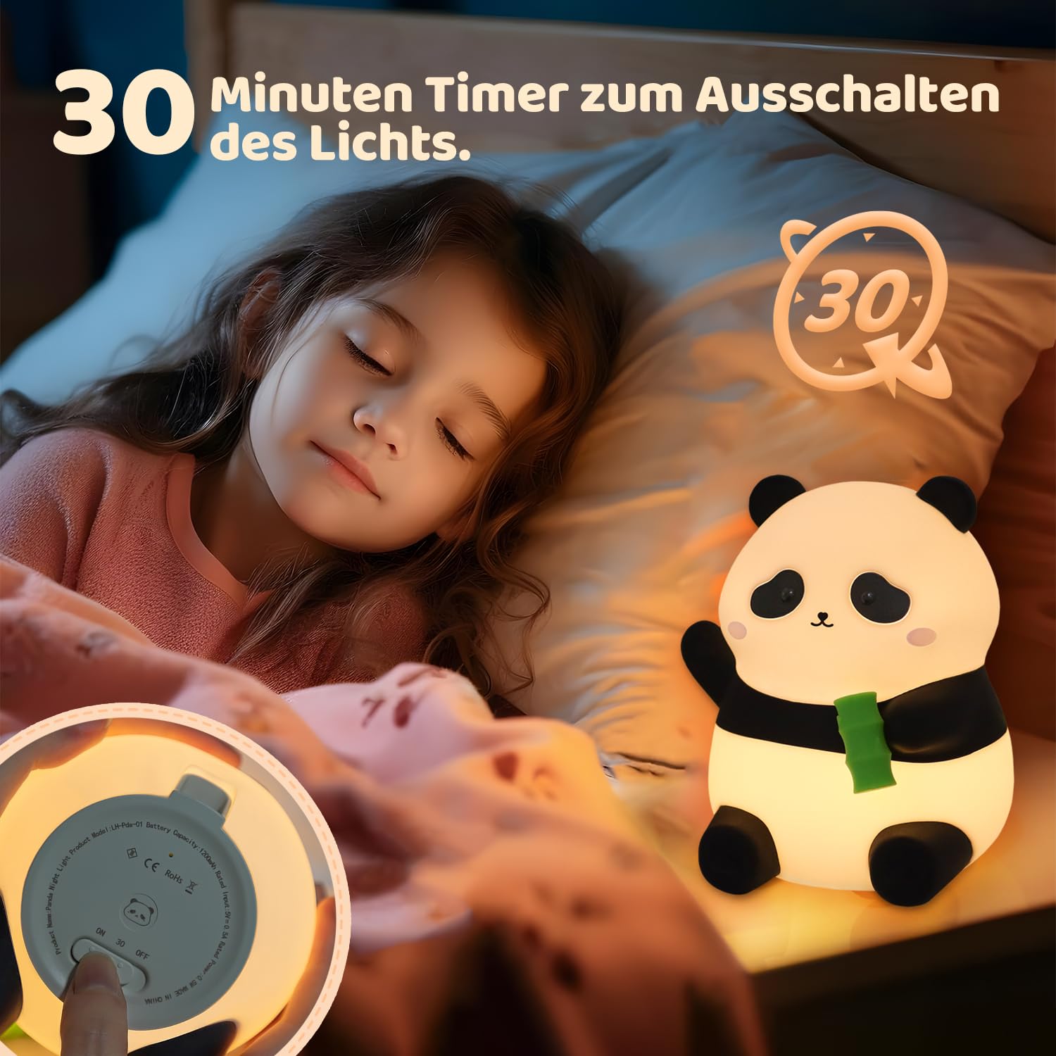 Rytinazzz Linda luz nocturna de silicona de panda, lámpara LED esponjosa con batería de larga duración de 12H/50H, 2 niveles de brillo por control de toque, luz suave recargable para decoración de