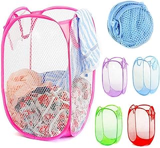 PLASTIFIC Foldable Pop Up Mesh Washing Laundry Basket Bag Bin Hamper Toy Tidy Storage Organiser Laundry Net Bag Clothes Bags (1 x Pink Foldable Basket Bag)