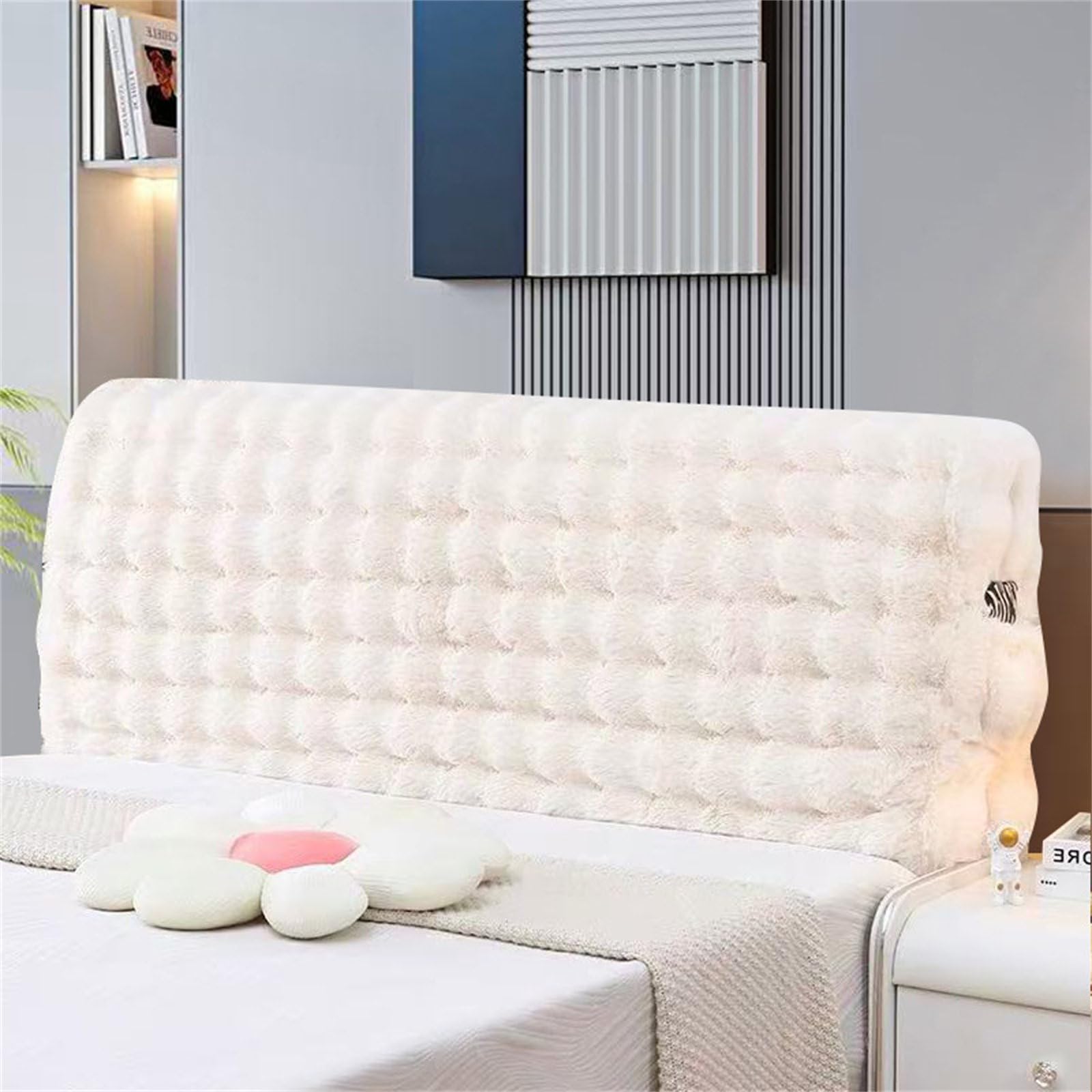 Chickwin Bett Kopfteil Bezug Plüsch mit Taschen, Weicher Stretch Bed Headboard Cover, Waschbar Abnehmbar Bettkopfteil Hussen, Staubdicht Bett Kopfteil Abdeckung für Schlafzimmer (180cm,Beige)