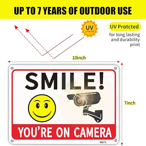 Miniatura 4 de Paquete de 4 letreros de cámara Smile Your on Camera para seguridad del hogar letreros de videovigilancia al aire libre aluminio de 7 x 10 pulgadas
