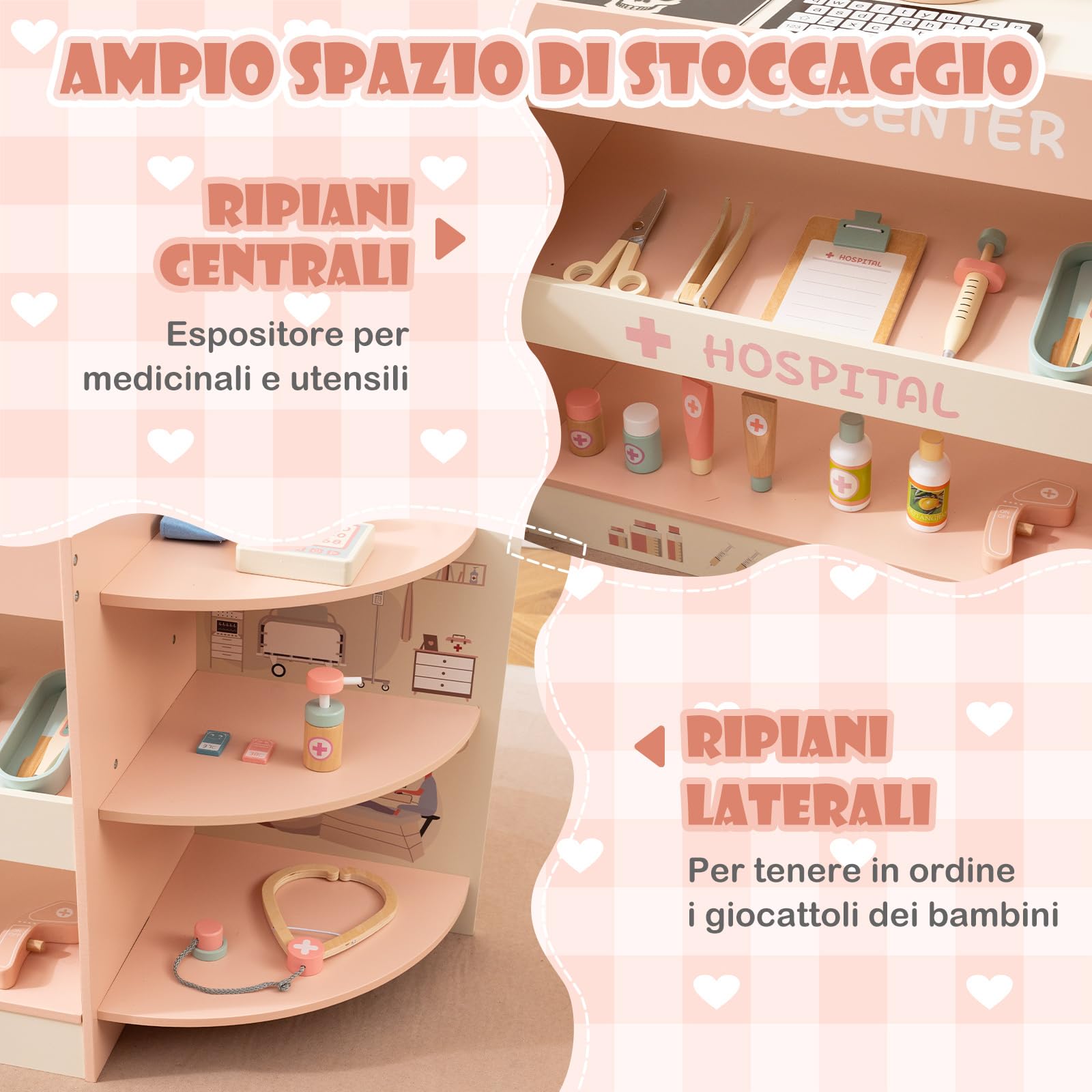 COSTWAY Set Gioco Dottore per Bambini, Medico Giocattolo in Legno con Tabella Oculistica, Macchinario CT e Radiografie, Gioco di Ruolo Medico Educativo con Accessori per Bambini 3+ Anni (Rosa)