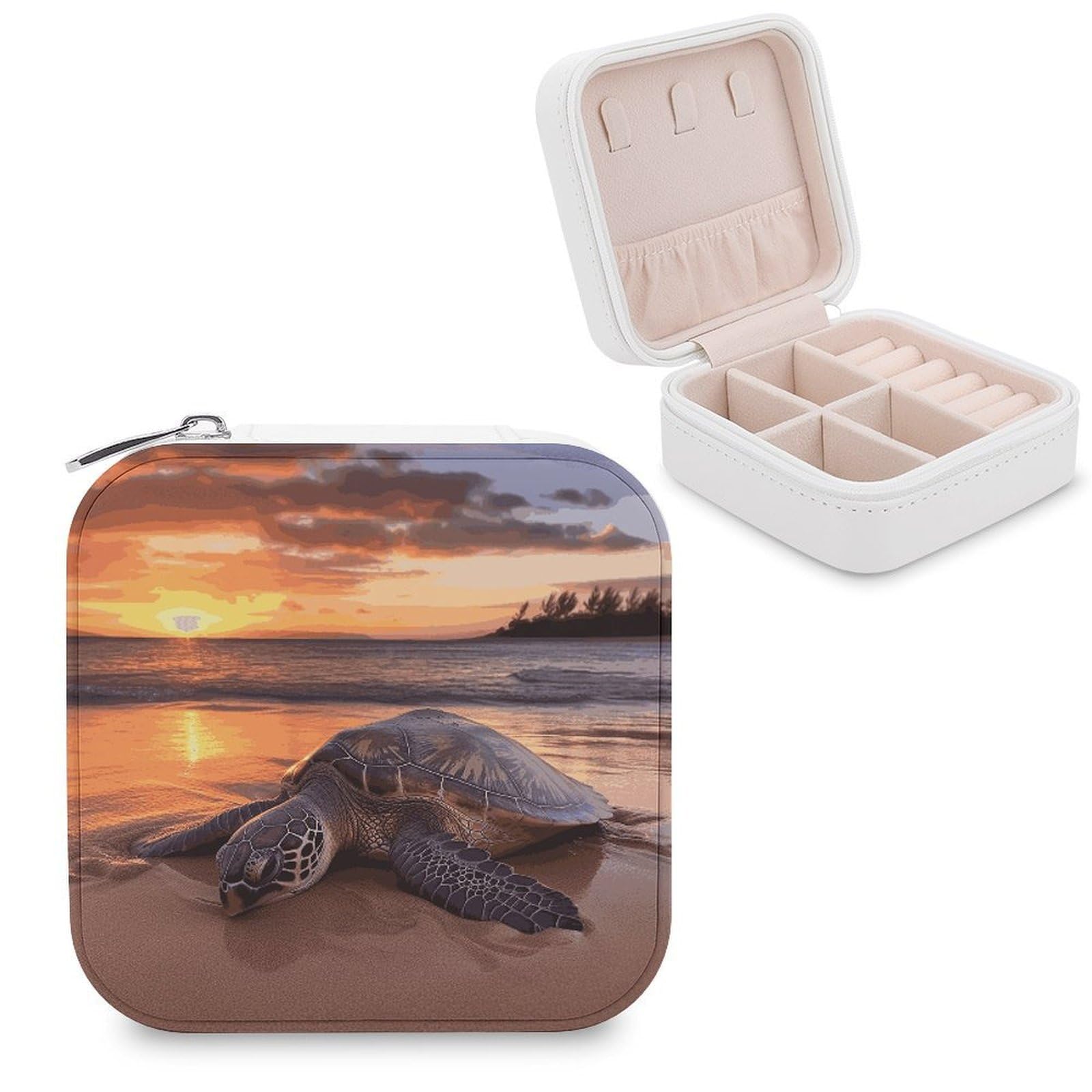 MUSM Sea Turtle Sunset Travel Jewelry Case Personalized PU Leather Jewelry Boxes for Women Small Portable Jewelry Organizer Box Cute Trinket Box for Necklaces Rings Earrings & Gifts