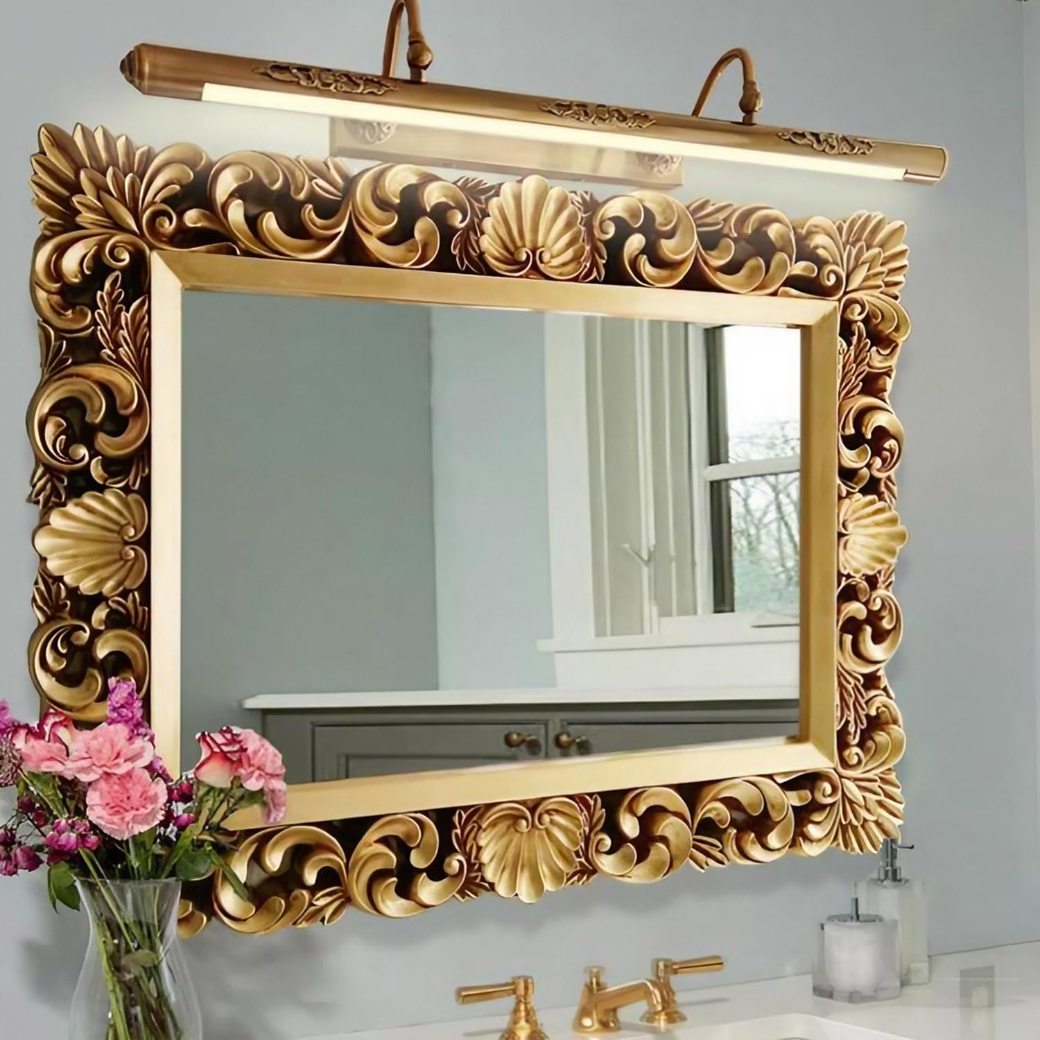 FGXHHS 38×29 inch Large Rectangular Decorative Wall Mirror, Ornate Baroque Antique Gold Bathroom Traditional Home Decor for Living Room Bedroom Entryway