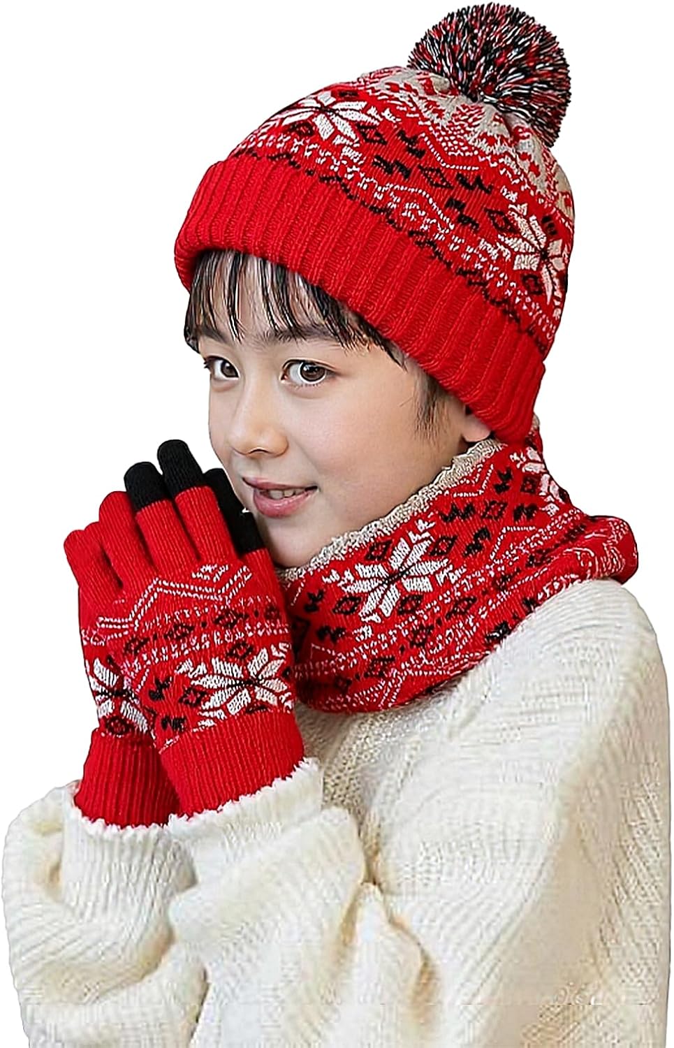 3Pcs Kids Winter Beanie Hat Scarf Gloves Set Knit Warm Chunky Pompom Cap Neck Warmer Mittens Set for 3-10Y Boys Girls