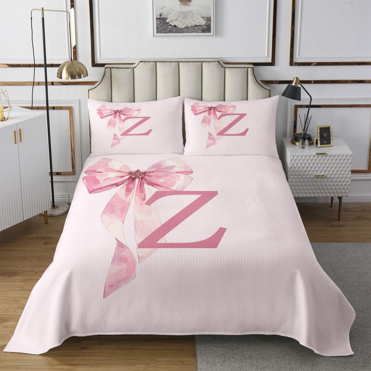 jejeloiu Pink Bow Initials Y Bedspread King Size Cute Bowknot Coverlet Set Alphabet Letter Quilted Coverlet for All Season with 2 Pillowcases ABC Letter Microfiber Lightweight