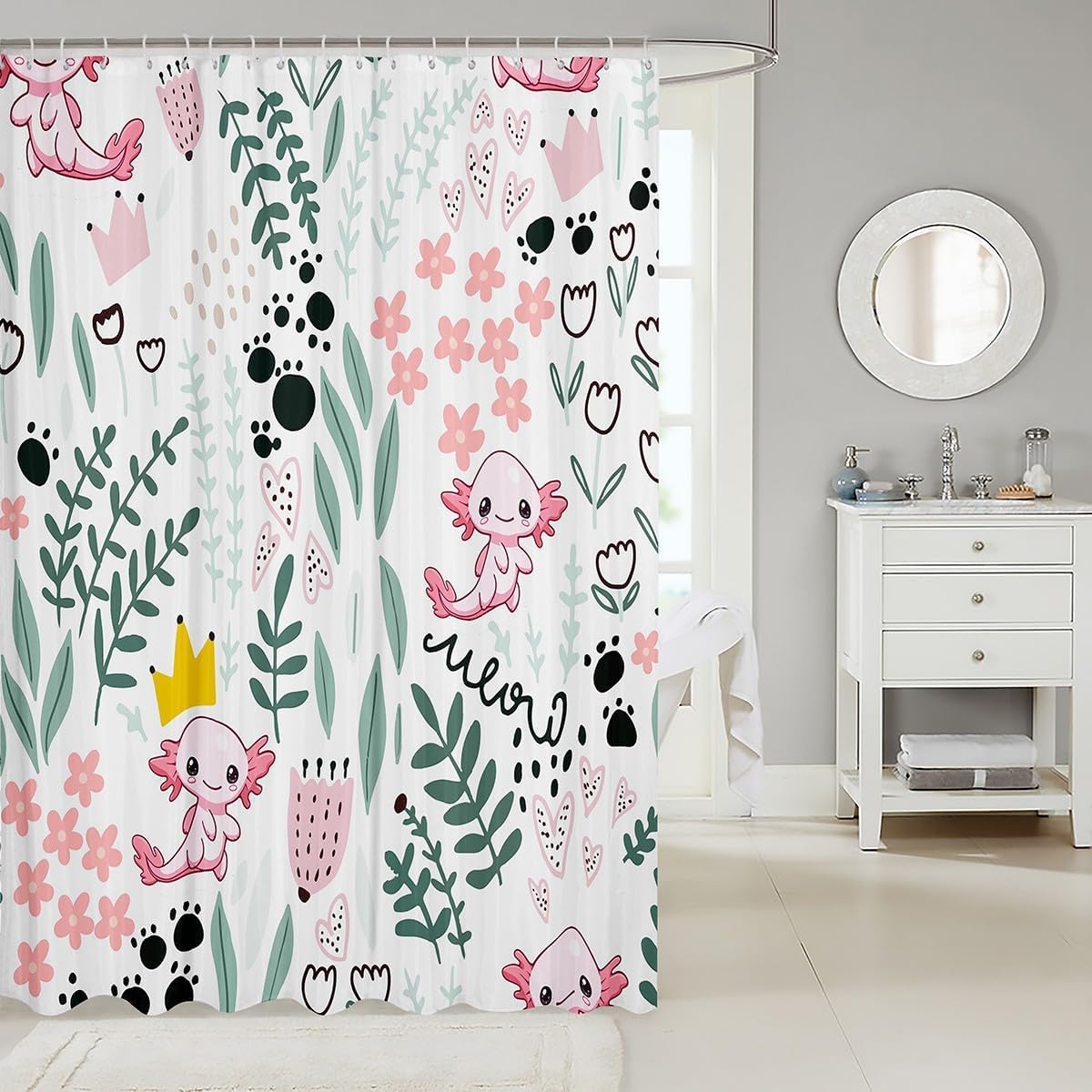 Manfei Cute Axolotl Shower Curtains Flower Leaves Print Bathroom Curtains for Kids Girls Adults, Botanical Floral Axolotl Waterproof Bath Curtains with 12 Hooks Suits for Bathtub, 72" W x 78" L