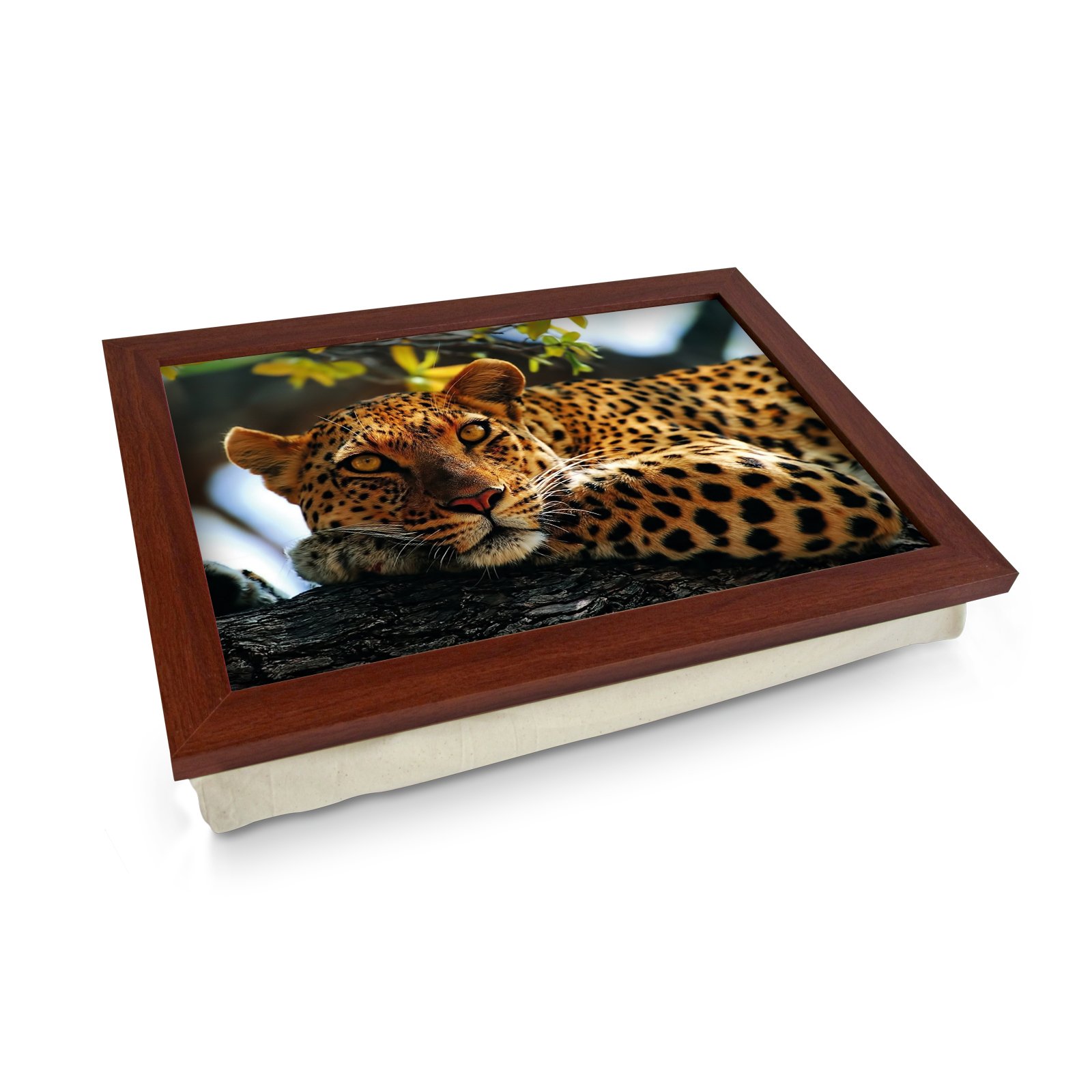 Extra Large Portable Lap Desk Tray (Leopard In A Tree) Wide Multi Purpose | Handmade Large Wooden Frame, Big Beanbag Cushion Bottom | Computers, Laptops, Meals, Food | 49.8cm | XL47 Brown