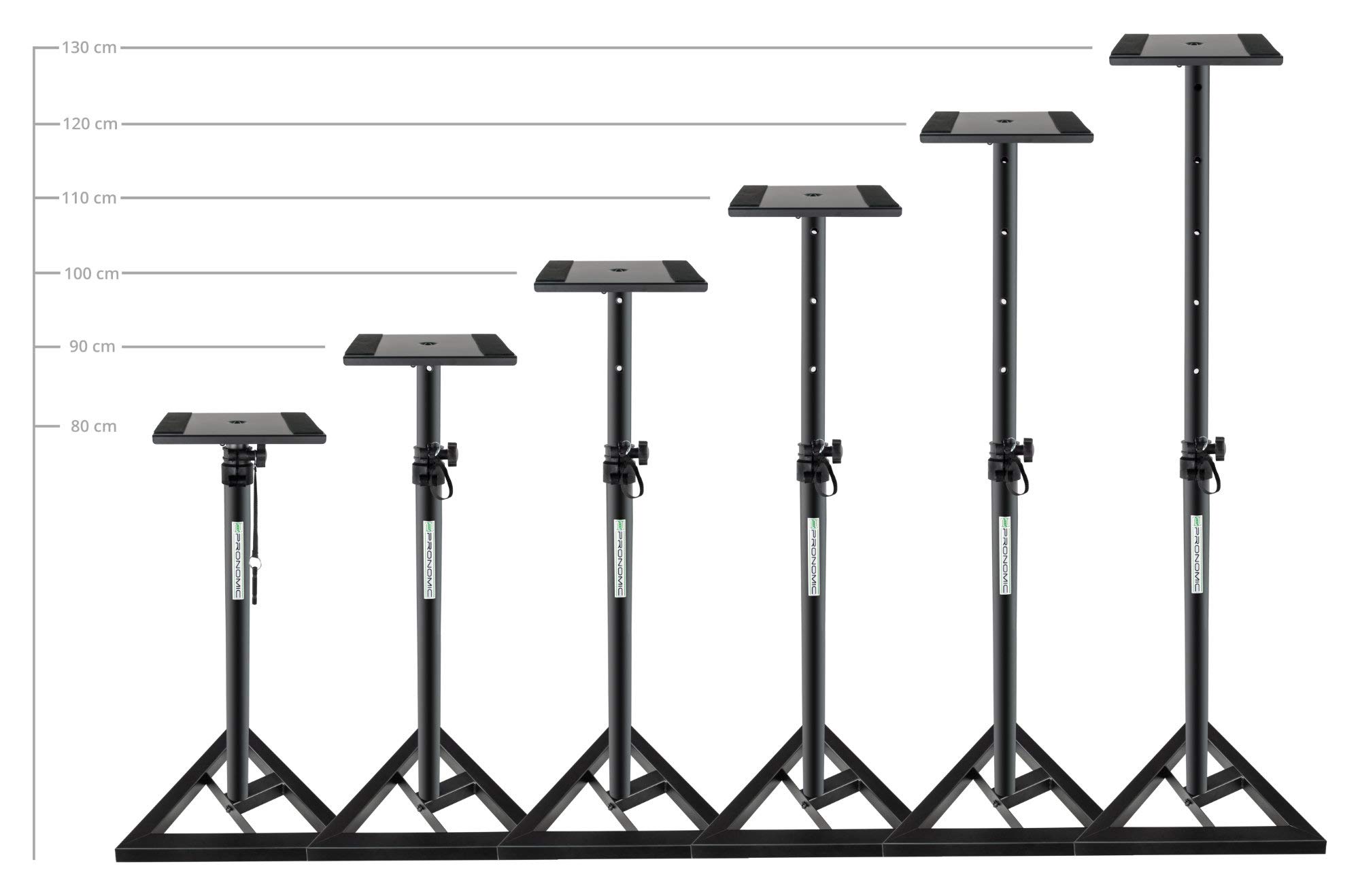 Pronomic SLS-10 2x Supporto per casse Studio Monitor- Altezza regolabile da 80 cm a 130 cm, base triangolare, piedini in gomma, piedini a spillo, acciaio, piastra di supporto con strisce gomma - Nera