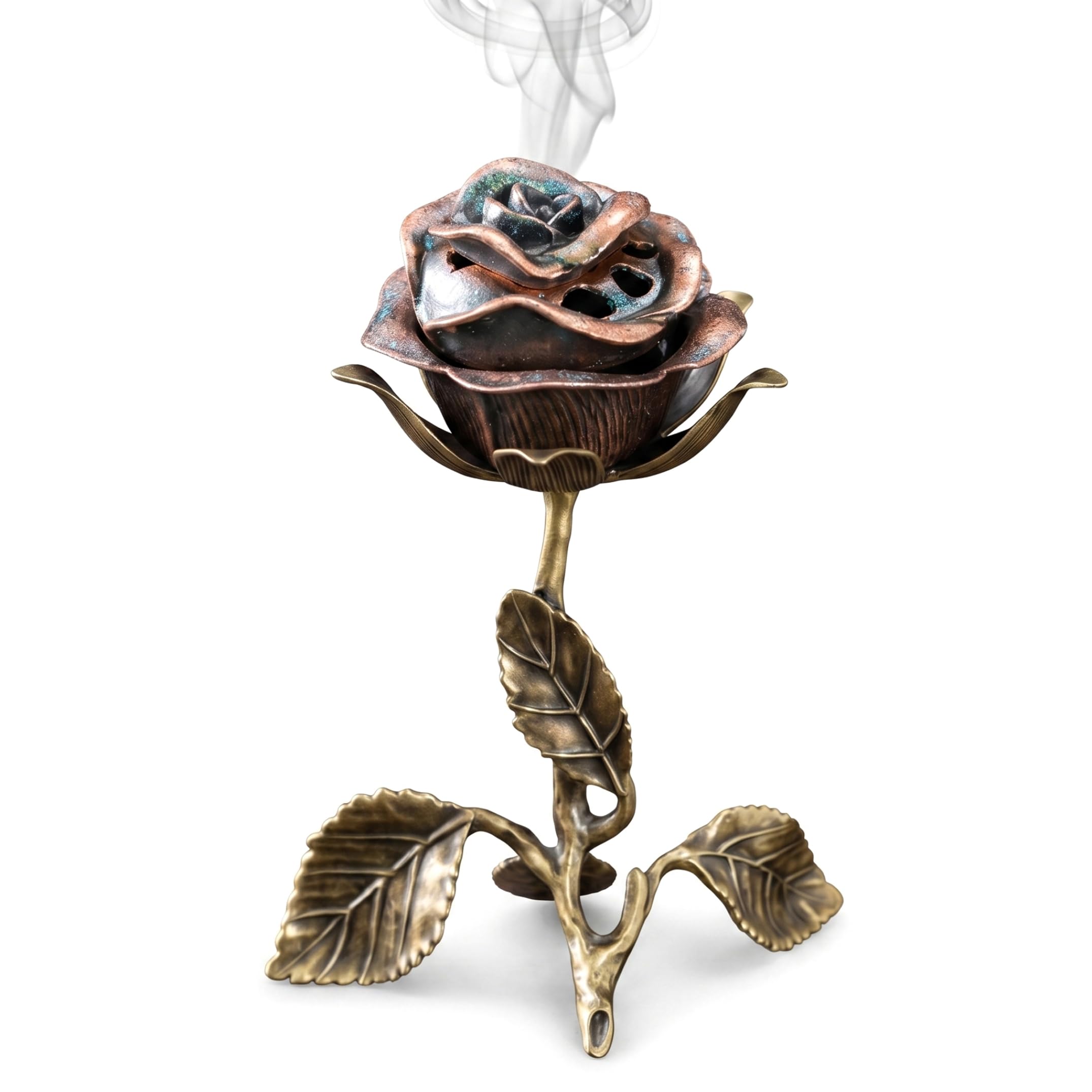Tsawntd Cone Incense Burner, Rose-Shaped Incense Holder Zinc Alloy Aromatherapy Decor for Living Room/Bedroom/Meditation Room, Brown Burner Holder Cone