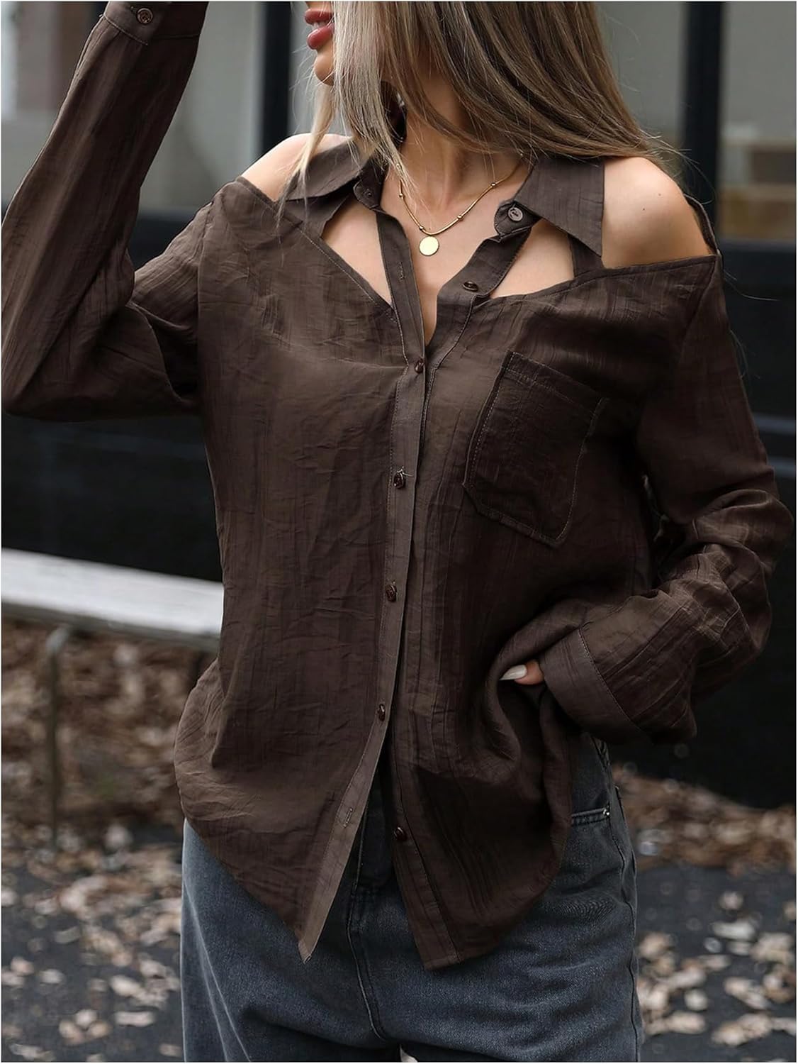 MakeMeChic Women's Going Out Cold Shoulder Button Down Shirt Cut Out Long Sleeve Blouse Tops - Image 4