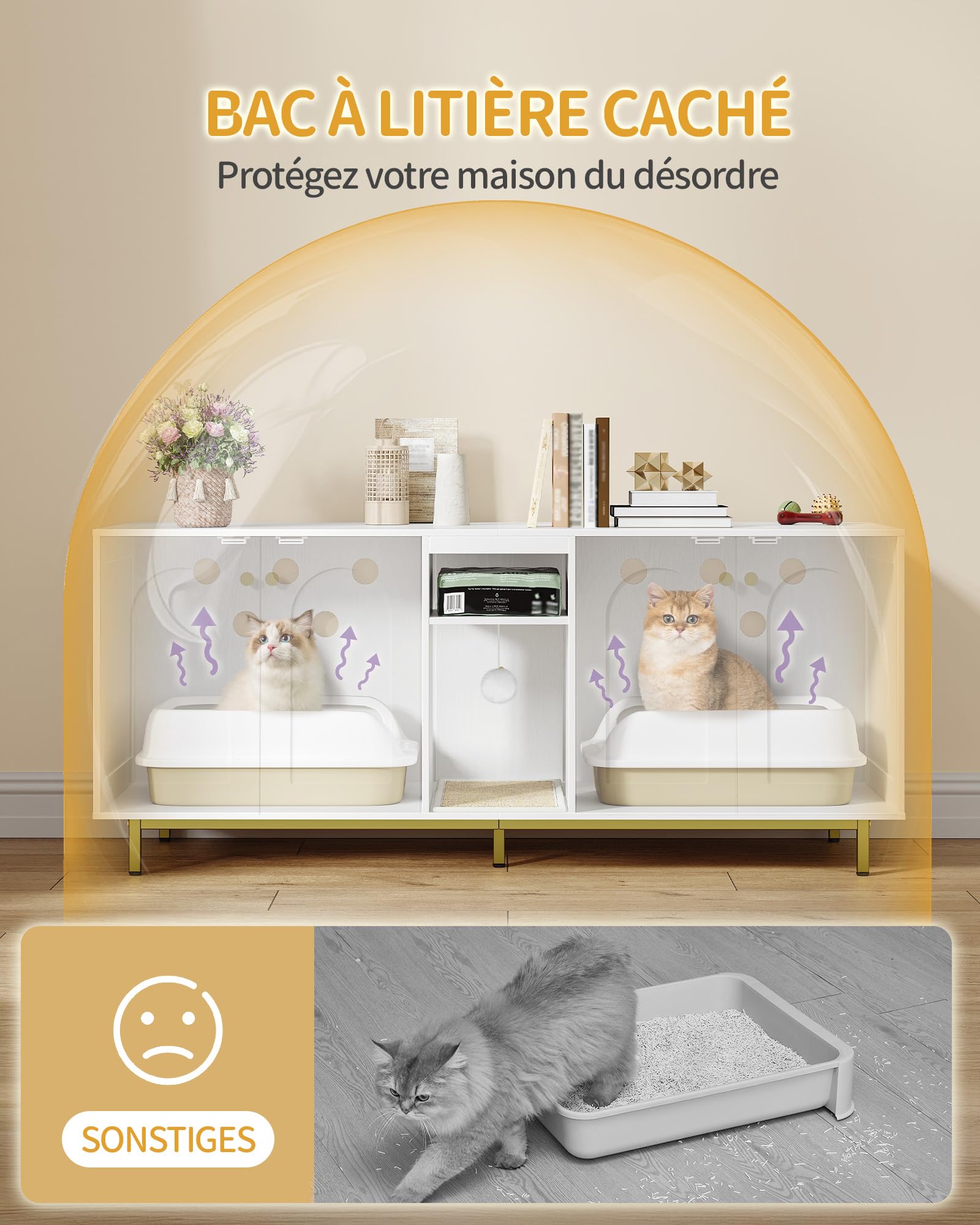 Hzuaneri Meuble Litiere pour 2 Chats, 140cm Meuble Litiere Chat, Blanc Or | Maison Cachée pour Chat avec Chambres Doubles, Espace de Rangement, Balle en Peluche, 140 x 48 x 62 CM, Blanc et Or CB86513A