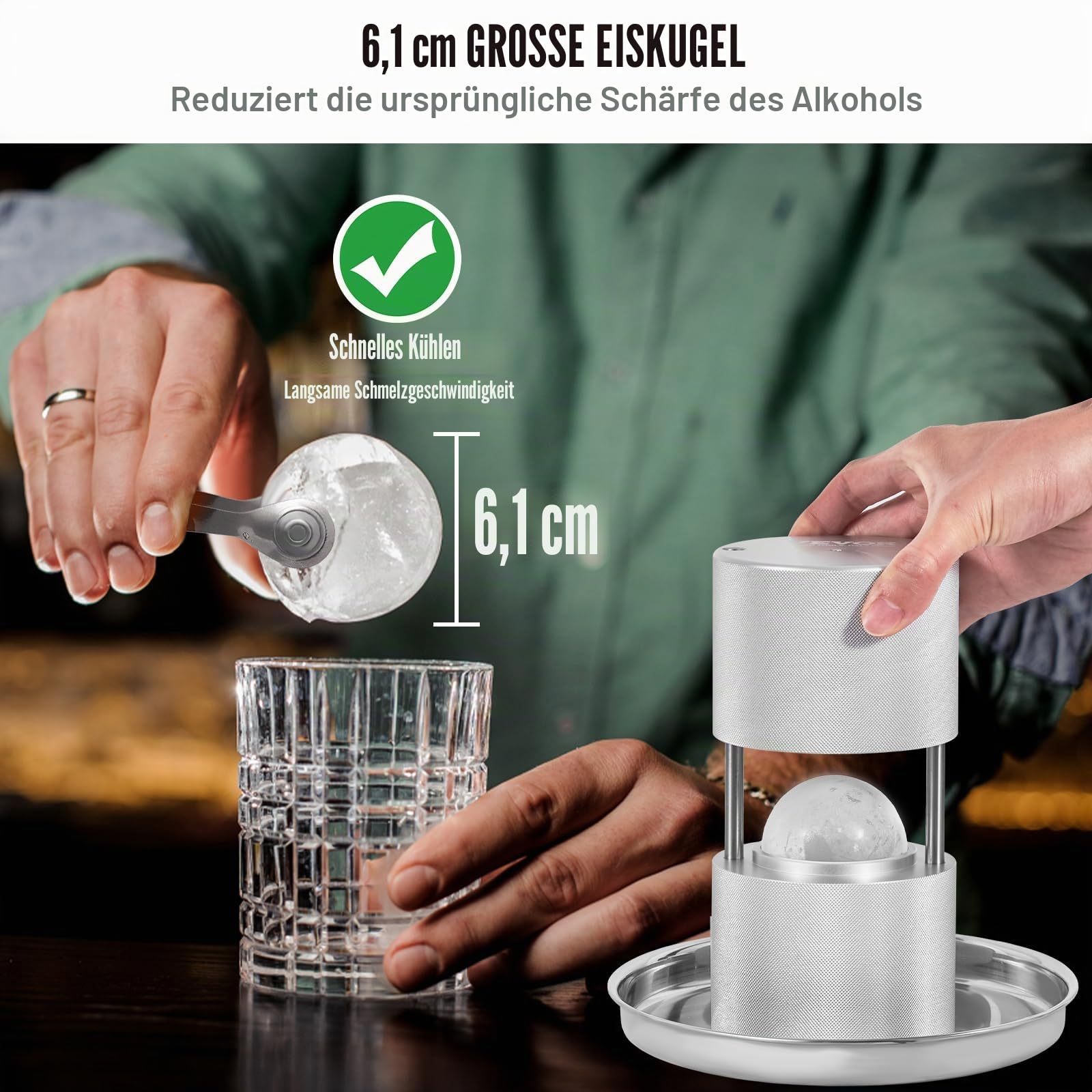 VEVOR Ice Ball Maker Eiskugelpresse Satz 60 mm, Eiswürfelform Eiskugelform mit Eiszange & Tropfschale, Alu Strapazierfähige Eiswürfelformen Eiswürfelbehälter Whisky Americano, Saft & Milch Silber
