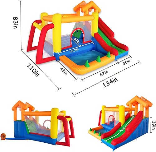 Miniatura 6 de Baralir Casa de rebote 7 en 1 para niños de 3 a 10 años, castillo hinchable con tobogán largo, piscina para niños (pozo de pelota), portería de