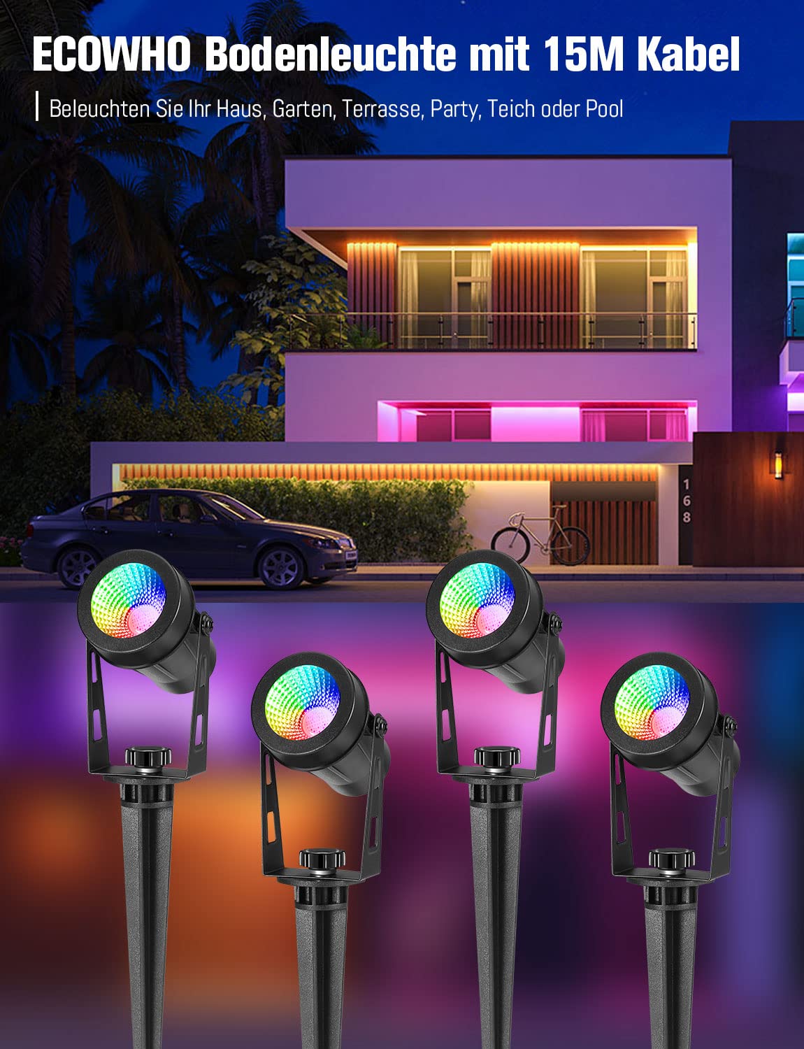ECOWHO RGB Gartenstrahler mit Fernbedienung und Timer, IP65 Wasserdichte Gartenbeleuchtung mit Strom, 15M RGB Gartenleuchte mit Erdspieß für Garten, Bäume, Wege, Party Teich (4er-Set)