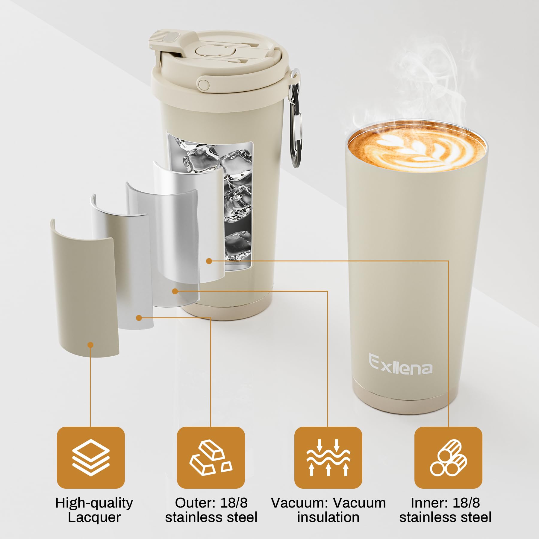 Exllena Travel Mug, Insulated Coffee Cup 500ml with 3-in-1 Lid - Image 4