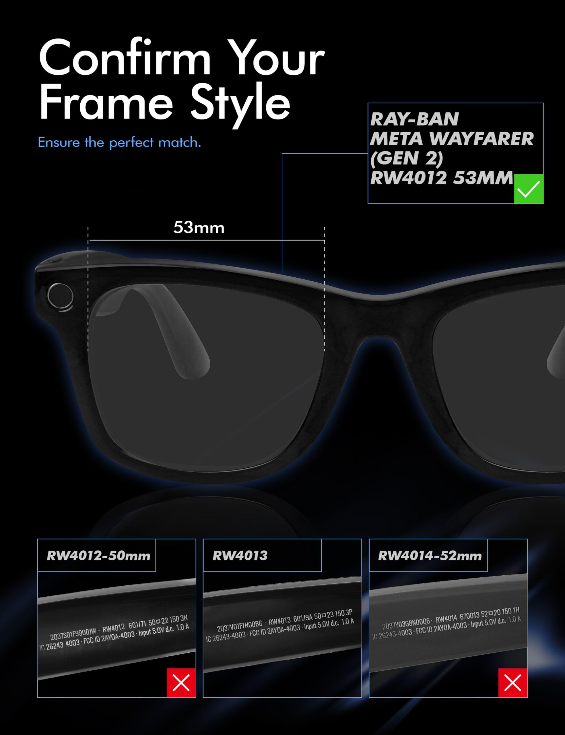 Saucer Lentes de repuesto de alta calidad compatibles con lentes de sol inteligentes Ray-Ban Meta Wayfarer (Gen 2) RW4012 de 53 mm