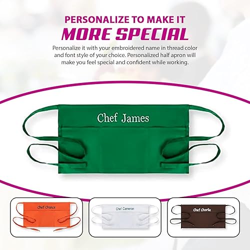 Miniatura 3 de Delantales de servidor personalizados con 3 bolsillos, delantal de cintura para mujeres y hombres, delantal de camarera con nombre, medio delantal