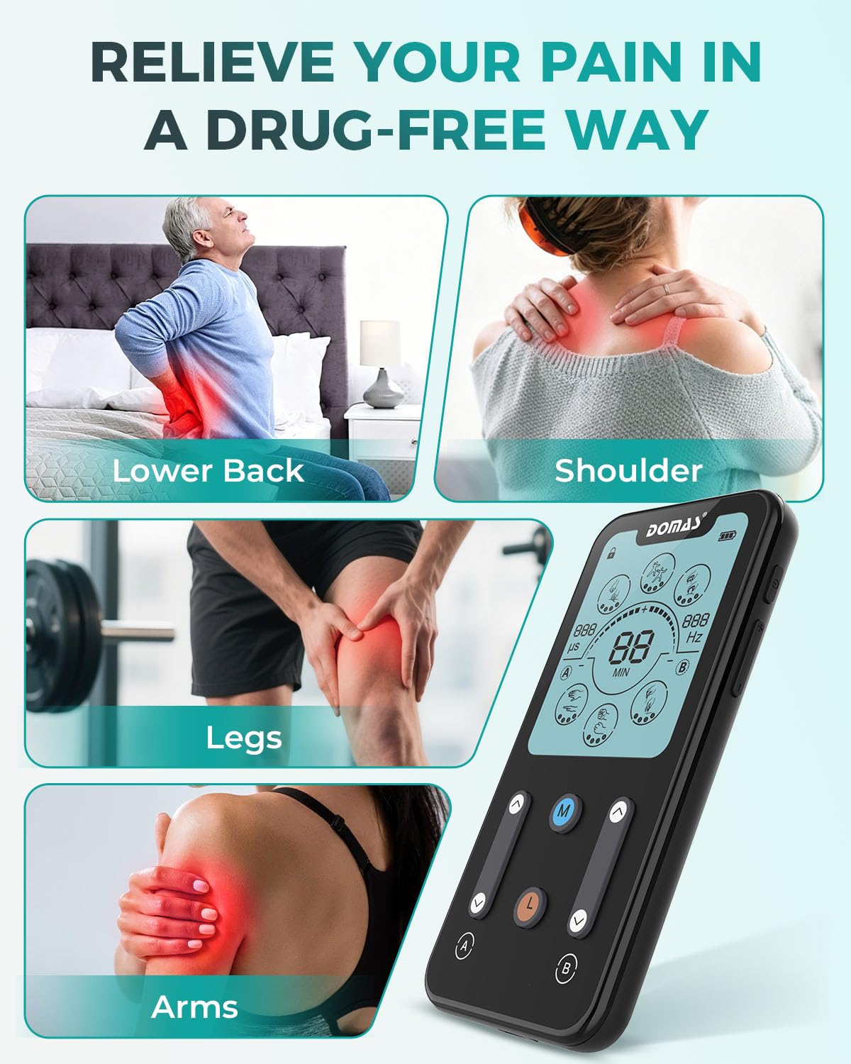DOMAS TENS Unit Muscle Stimulator: 24 Modes Dual Channel EMS Machine with 24pcs Electrode Pads for Shoulder, Back Pain Relief, Suitable for Seniors, Office Workers, Fitness Enthusiasts and More — Amazon image 2