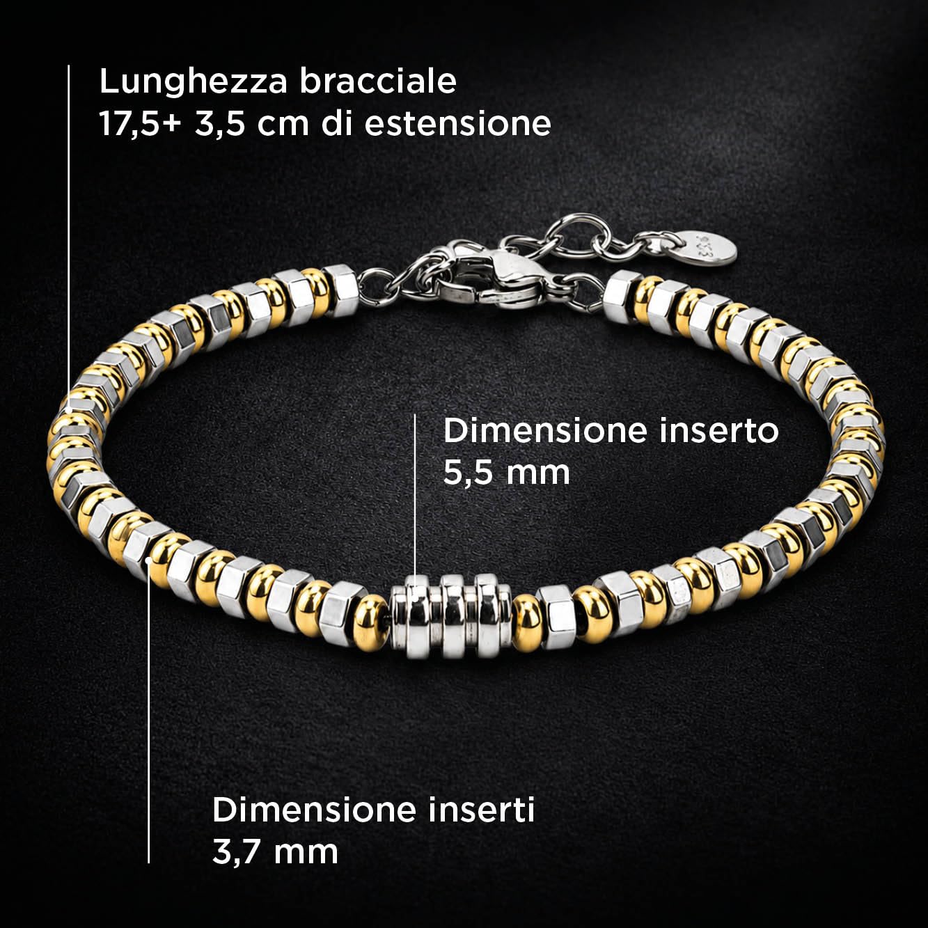 SAGA GIOIELLI Bracciale Uomo in Acciaio Inossidabile – Regolabile 17,5 + 3,5 cm – Design Elegante con Inserti Colorati – Confezione Regalo per Compleanno, Anniversario, Festa del Papà