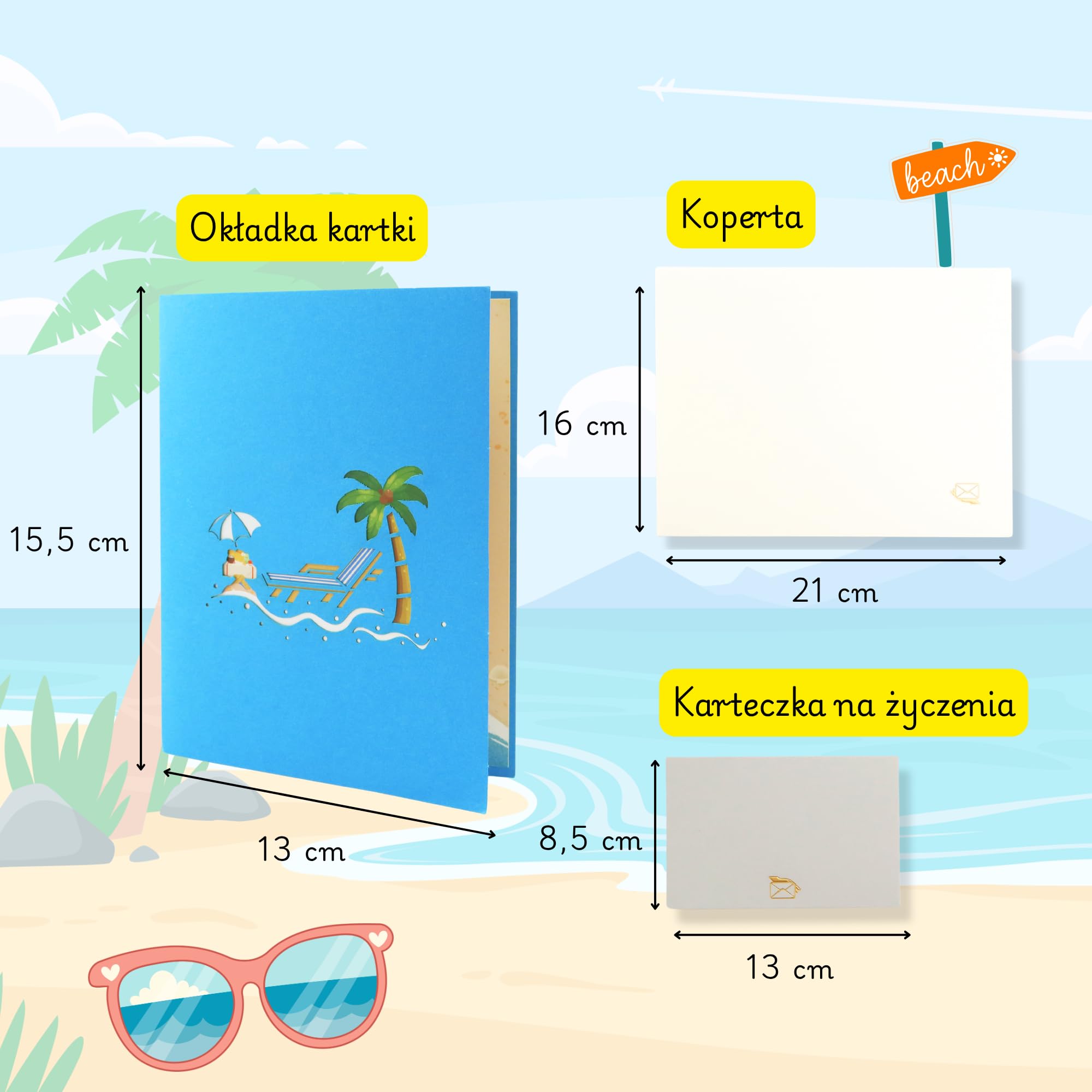 Kartka pop-up plaża – leżaki 3D i palma | idealna kartka na lato i urlop na urodziny | w zestawie koperta
