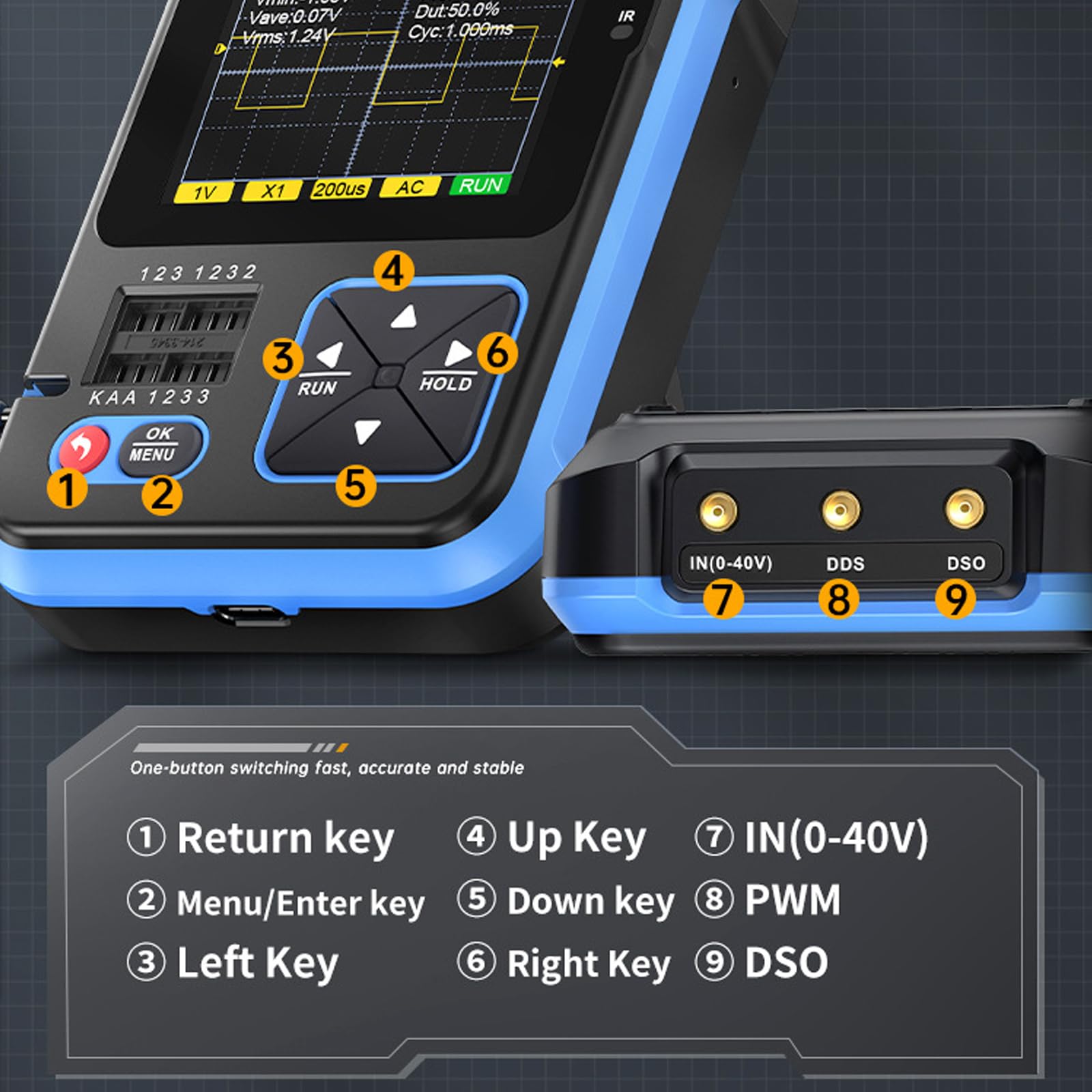 DSO-TC3 Oszilloskop, 3 in 1 Digitales Handoszilloskop Multimeter Tragbares Transistortester Oszilloskope Signalgenerator 500kHz Bandbreite, ESR-Tester LCR-Widerstands-Zähler mit 2.4'' Tft Display