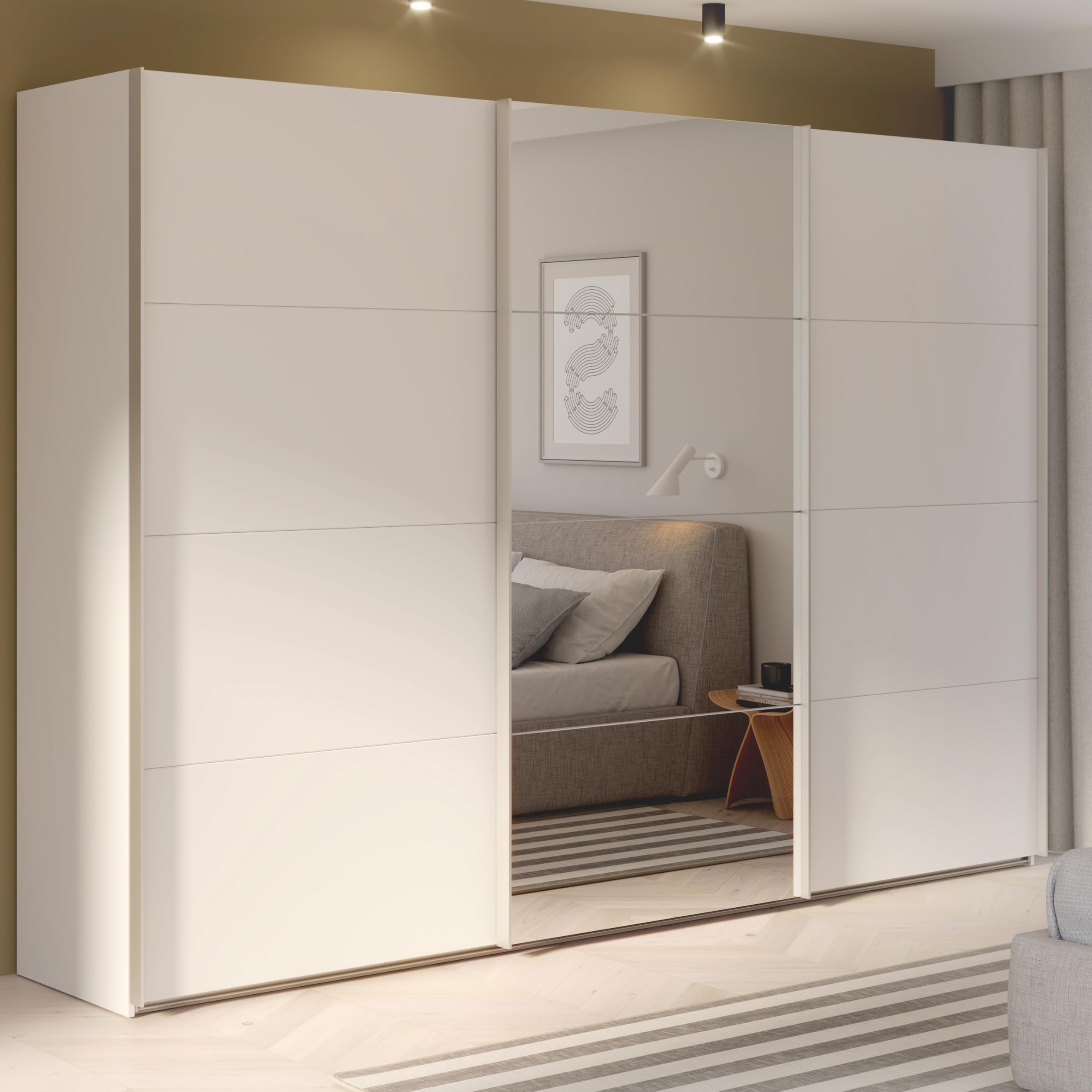 Forte SOPHISTISPACE Kleiderschrank 300, 3-türiger Schwebetürenschrank mit Spiegelfront, Einlegeböden und Kleiderstange, Weiß, 299,8 cm breit, 210,5 cm hoch, 62,9 cm tief