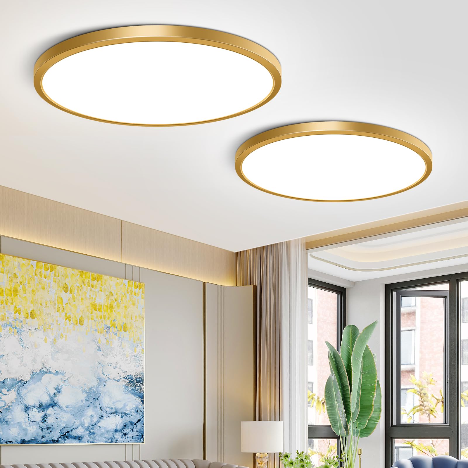 2 Pack 12Inch Gold LED Ceiling Light Fixture Flush Mount, 24W(240W Equivalent), 3200LM, 5000K Daylight White, IP40, Flat Modern Round Ceiling Light for Bedrooms, Living Rooms, Bathrooms, Kitchens, etc