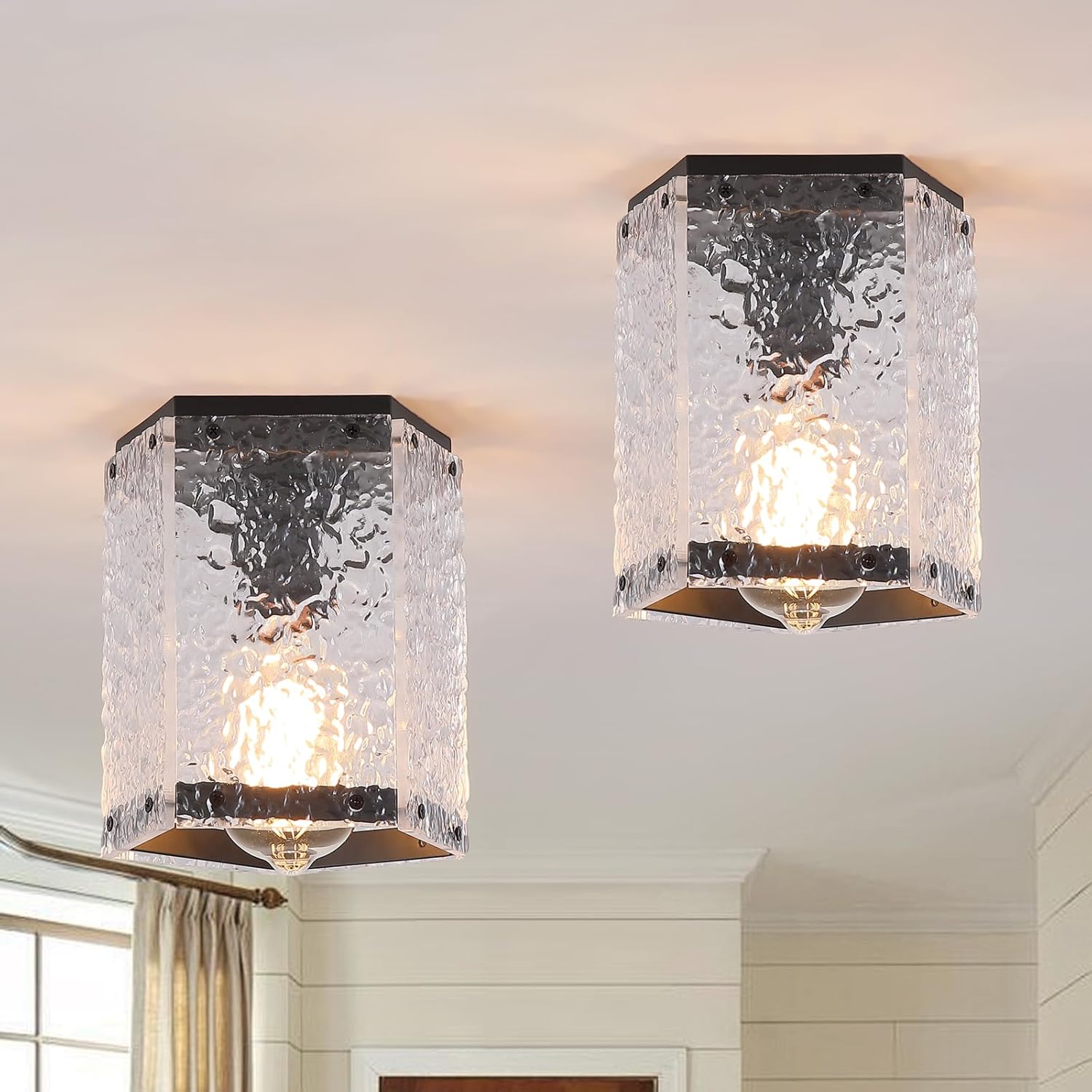 2 Pack Modern Black Flush Mount Ceiling Light Fixture Water Ripple and Metal Hexagon Cage Small Semi Flush Mount Ceiling Light for Kitchen Hallway Entryway Bedroom Country Farmhouse, Black
