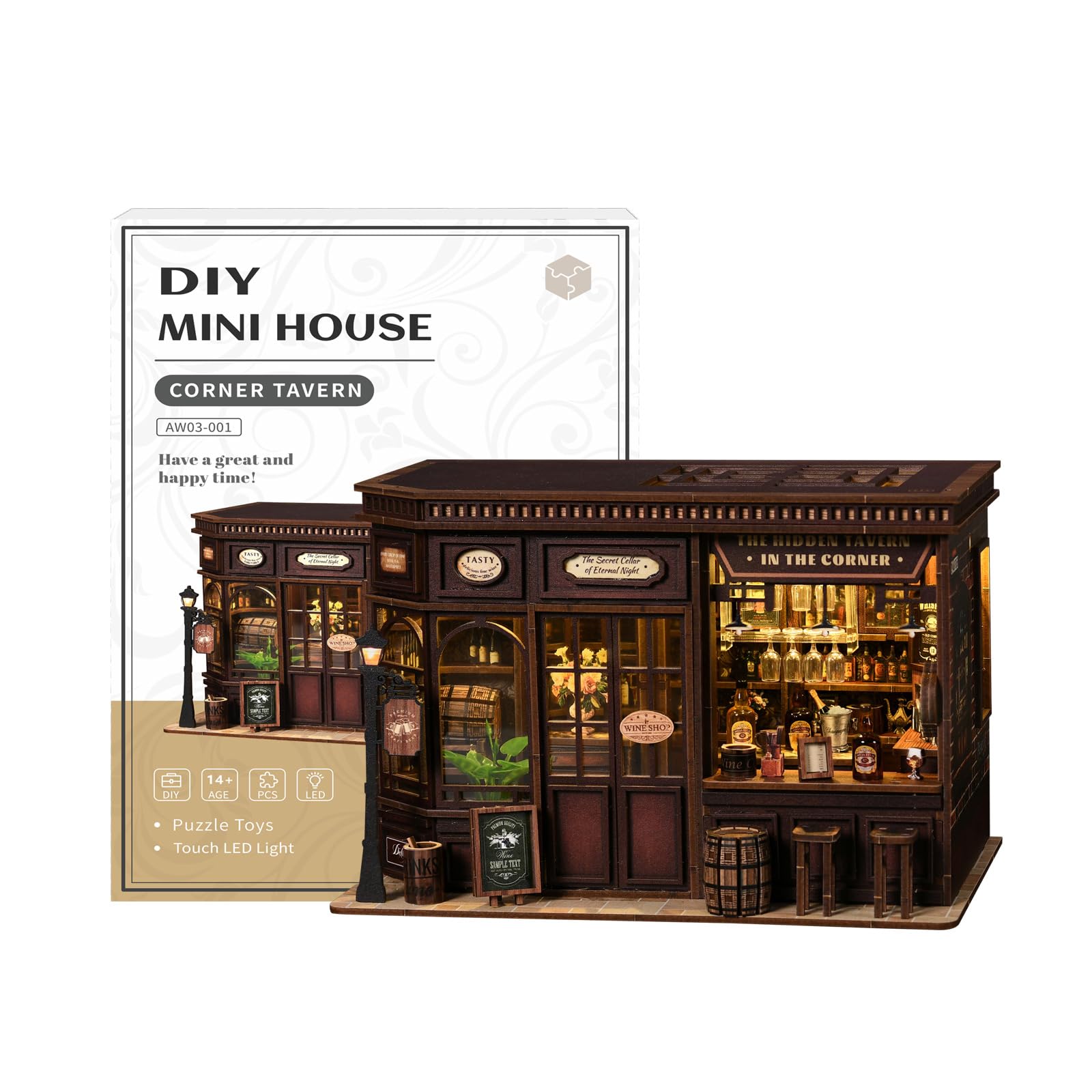 STRUCWOOD Book Nook Set for Adults, 3D Wooden Puzzle Inn Model with LED, DIY Miniature Dollhouse Kit, Bookshelf Decoration Gift - Corner Tavern